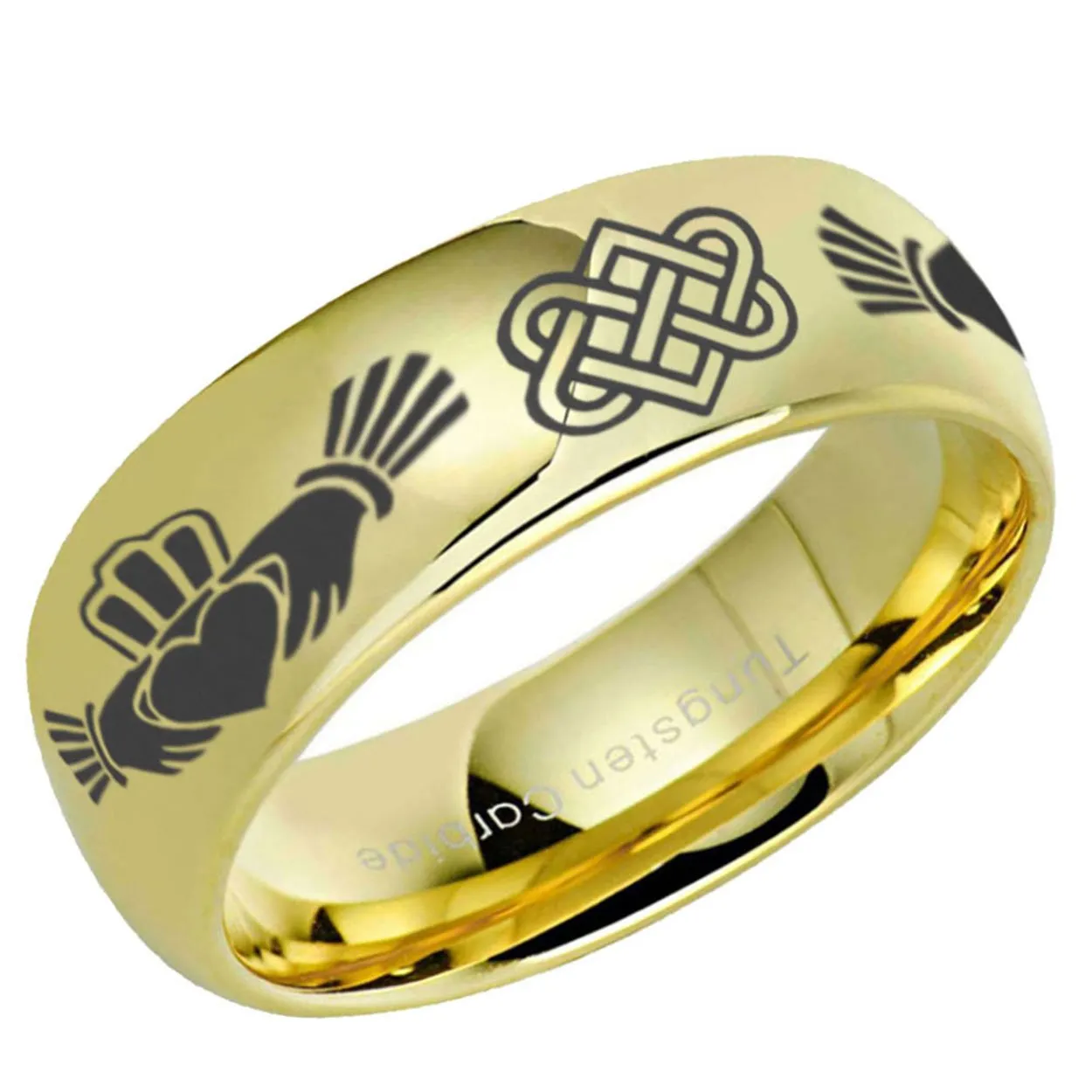 Irish Claddagh Dome Tungsten Ring 8mm Gold