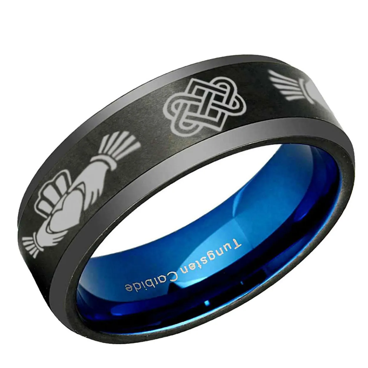 Irish Claddagh Beveled Edge Tungsten Ring 8mm Black Blue