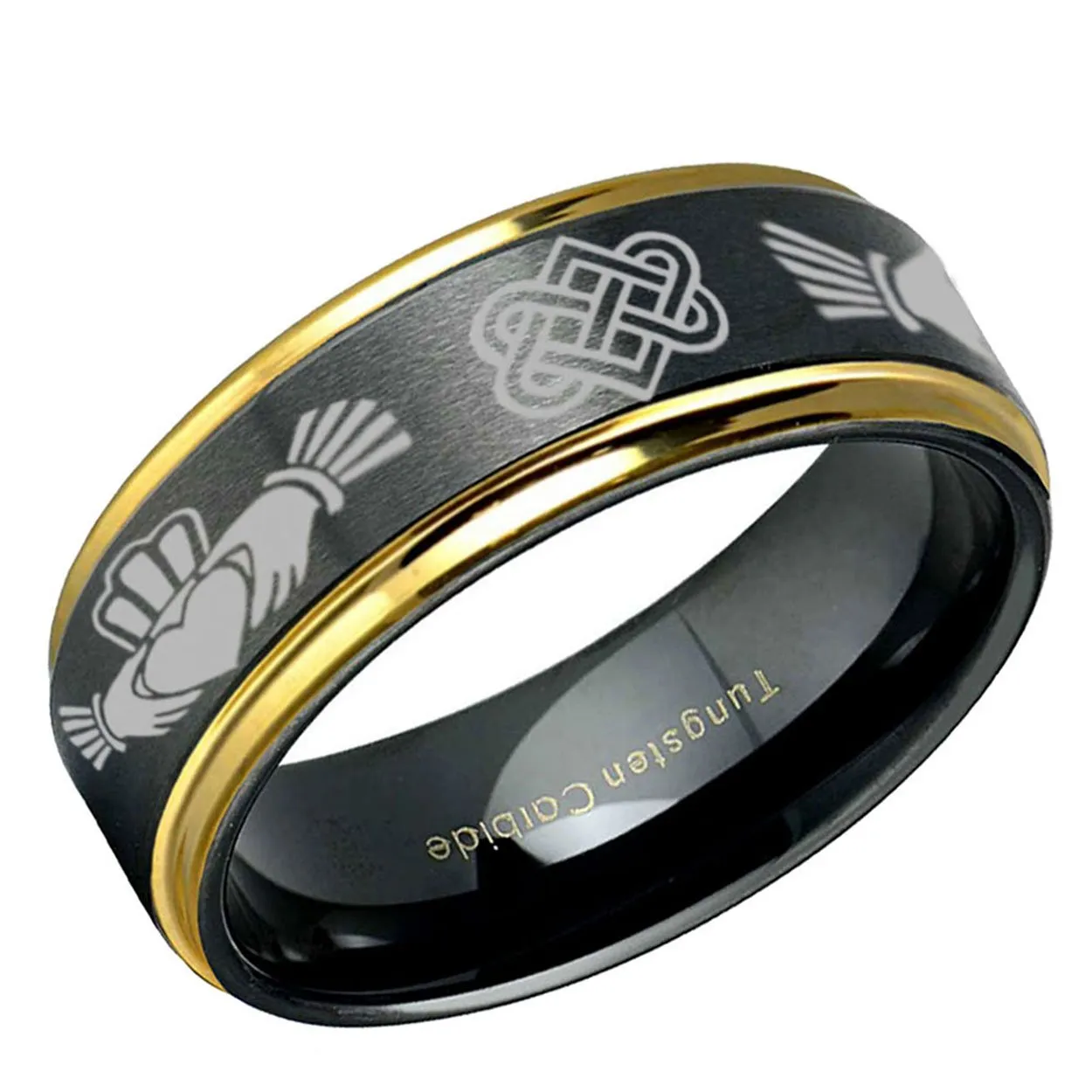 Irish Claddagh Step Edge Tungsten Ring 8mm Black Gold
