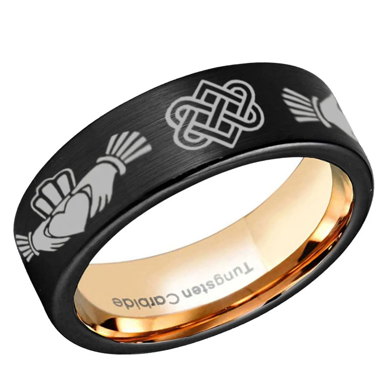 Irish Claddagh Pipe Cut Tungsten Ring 8mm Rose Gold Black