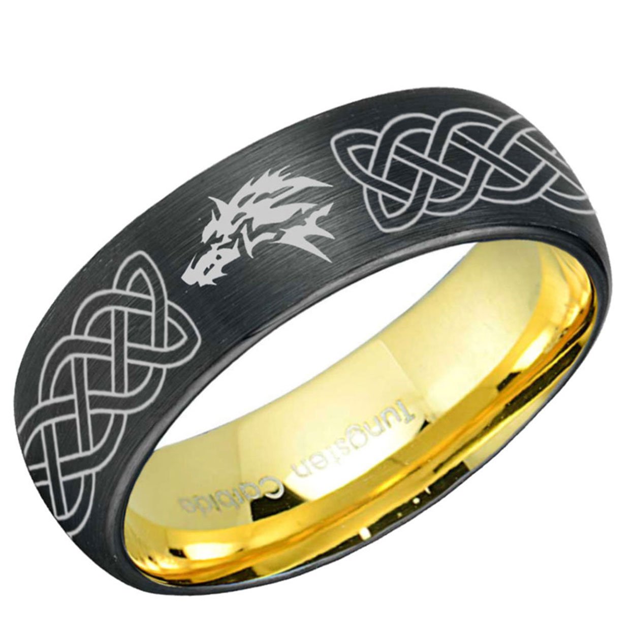 Celtic Zelda Wolf Dome Tungsten Ring Black Gold 8mm