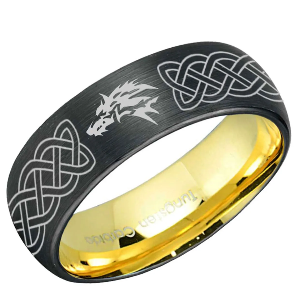Celtic Zelda Wolf Dome Tungsten Ring Black Gold 8mm