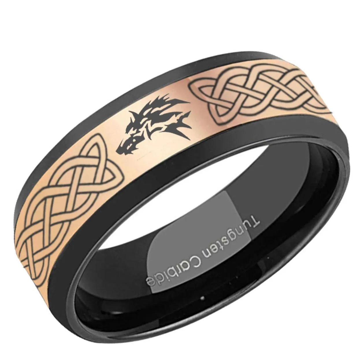 Celtic Zelda Wolf Beveled Edge Tungsten Ring Rose Gold Black 8mm