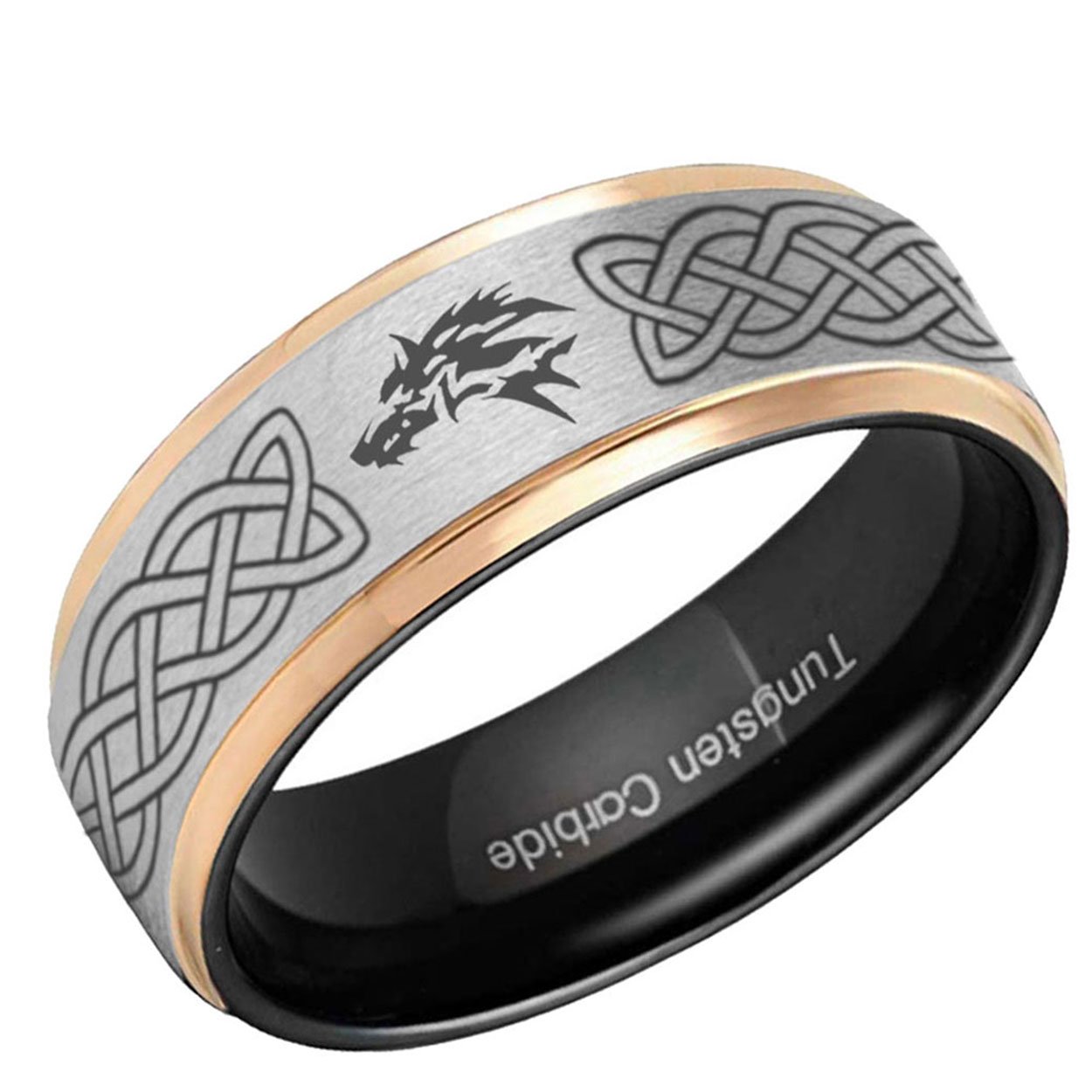 Celtic Zelda Wolf Step Edge Tungsten Ring Gray Rose Gold 8mm