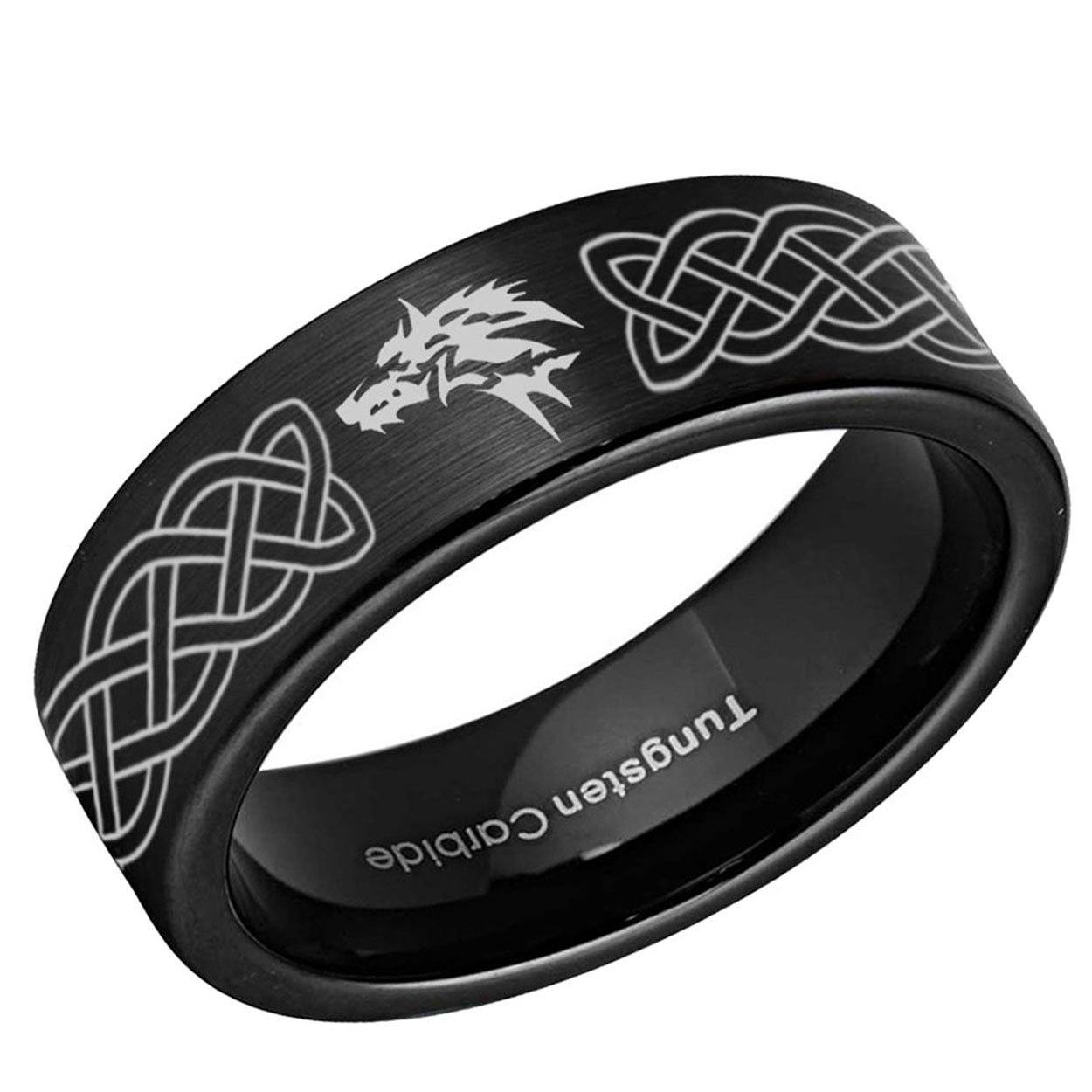 Celtic Zelda Wolf Pipe Cut Tungsten Ring Brushed Black 8mm