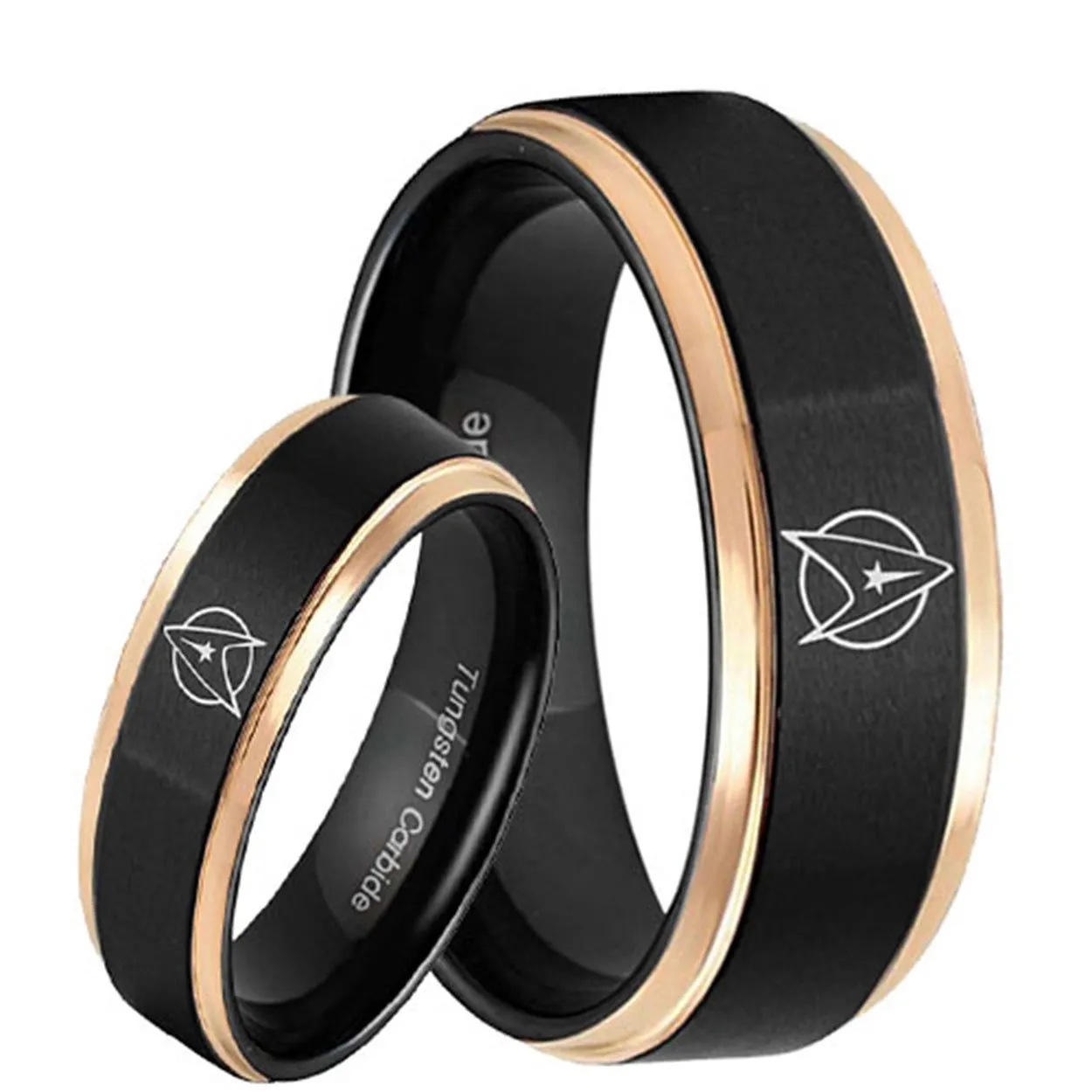 Star Trek Step Edge Black Tungsten His and Hers Matching Ring Set