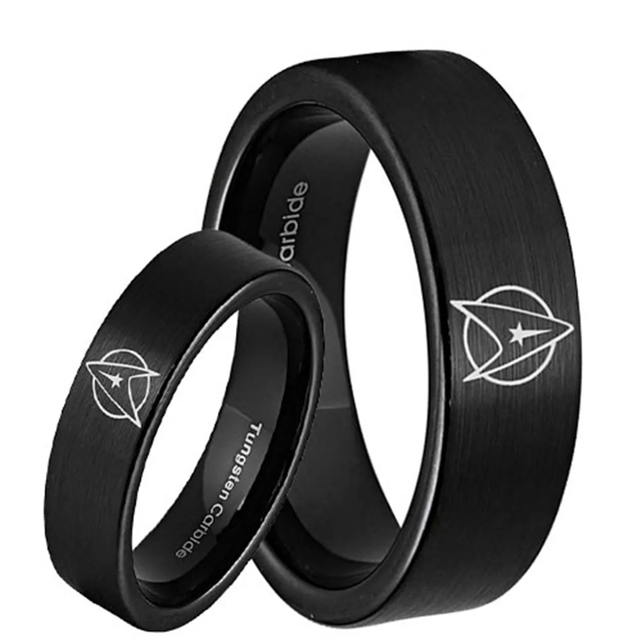 Star Trek Pipe Cut Black Tungsten His and Hers Matching Ring Set