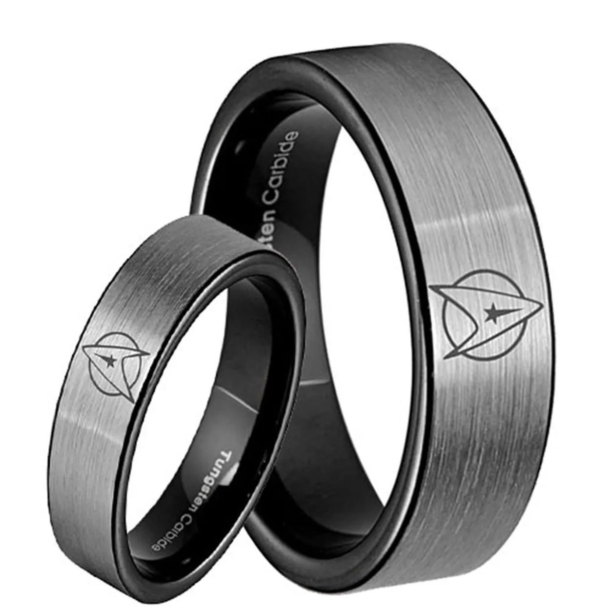 Star Trek Pipe Cut Silver Tungsten His and Hers Matching Ring Set