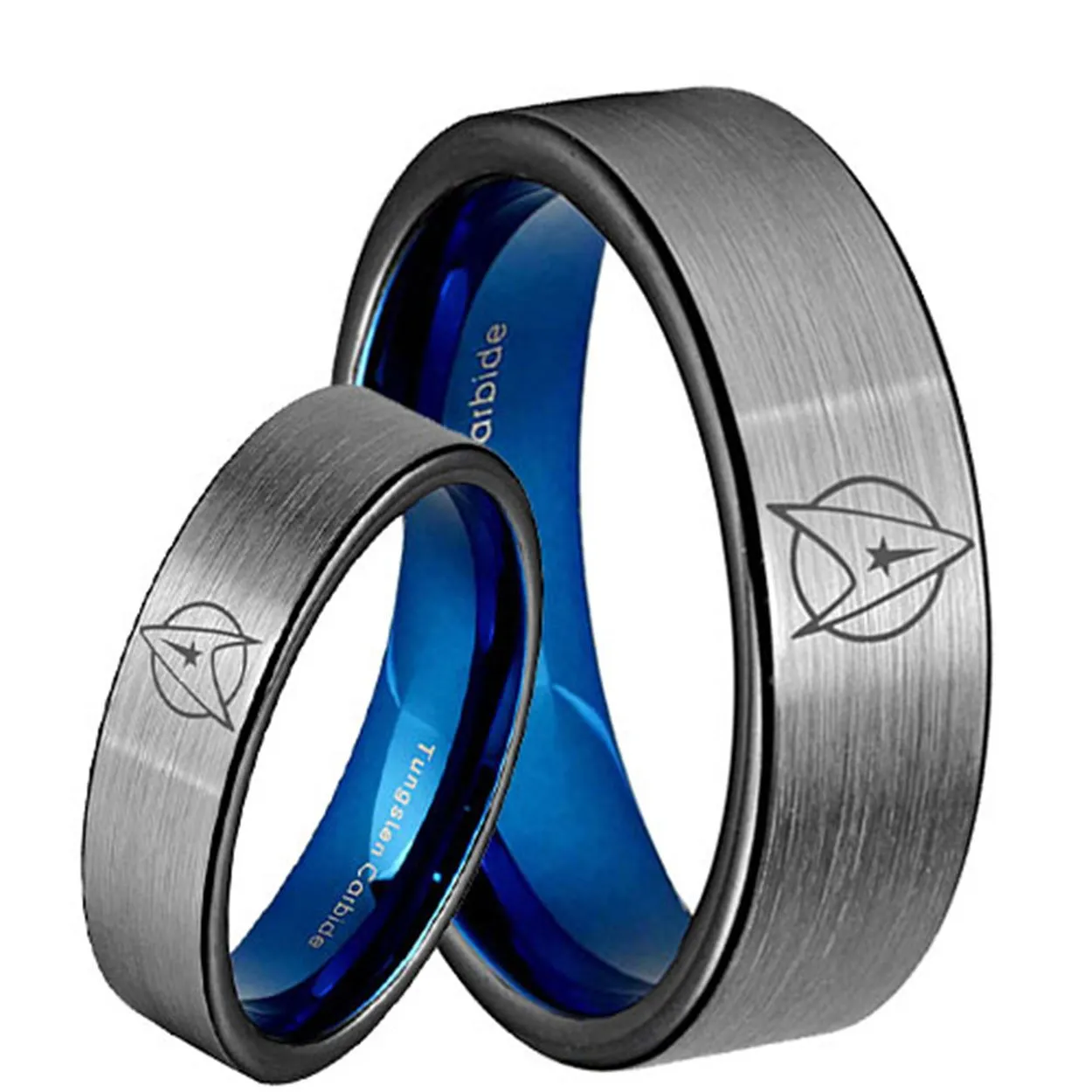 Star Trek Pipe Cut Blue Gray Tungsten His and Hers Matching Ring Set