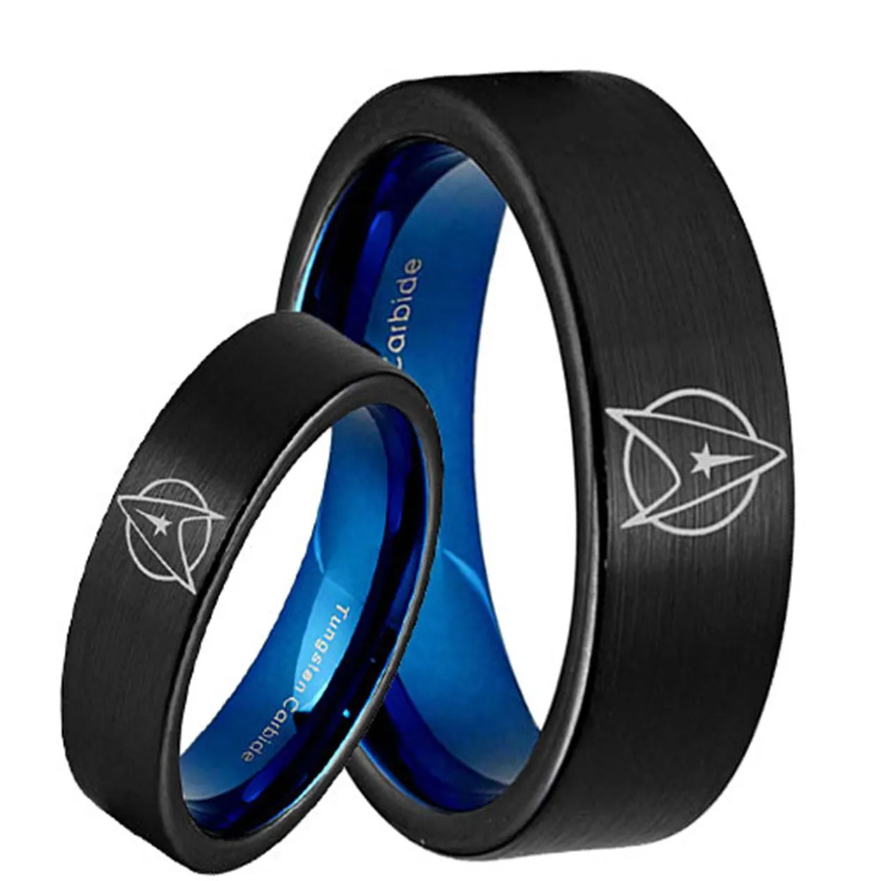 Star Trek Pipe Cut Blue Tungsten His and Hers Engagement Ring Set
