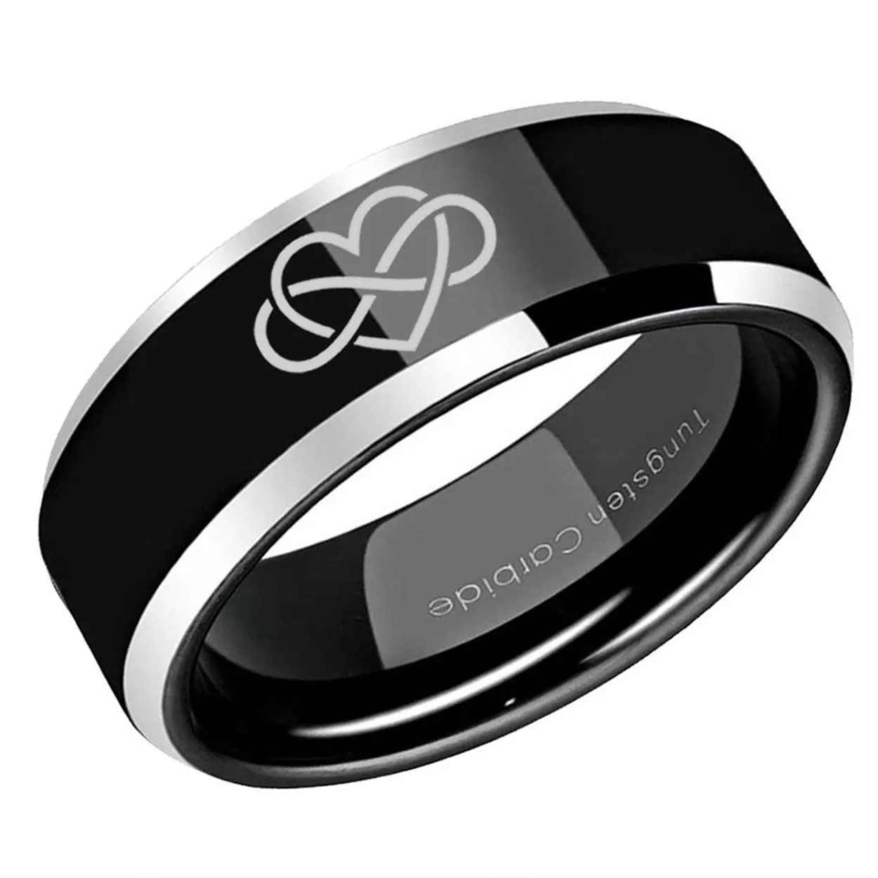 Infinity Heart Beveled Edge Tungsten Ring Two Tone Black 10mm