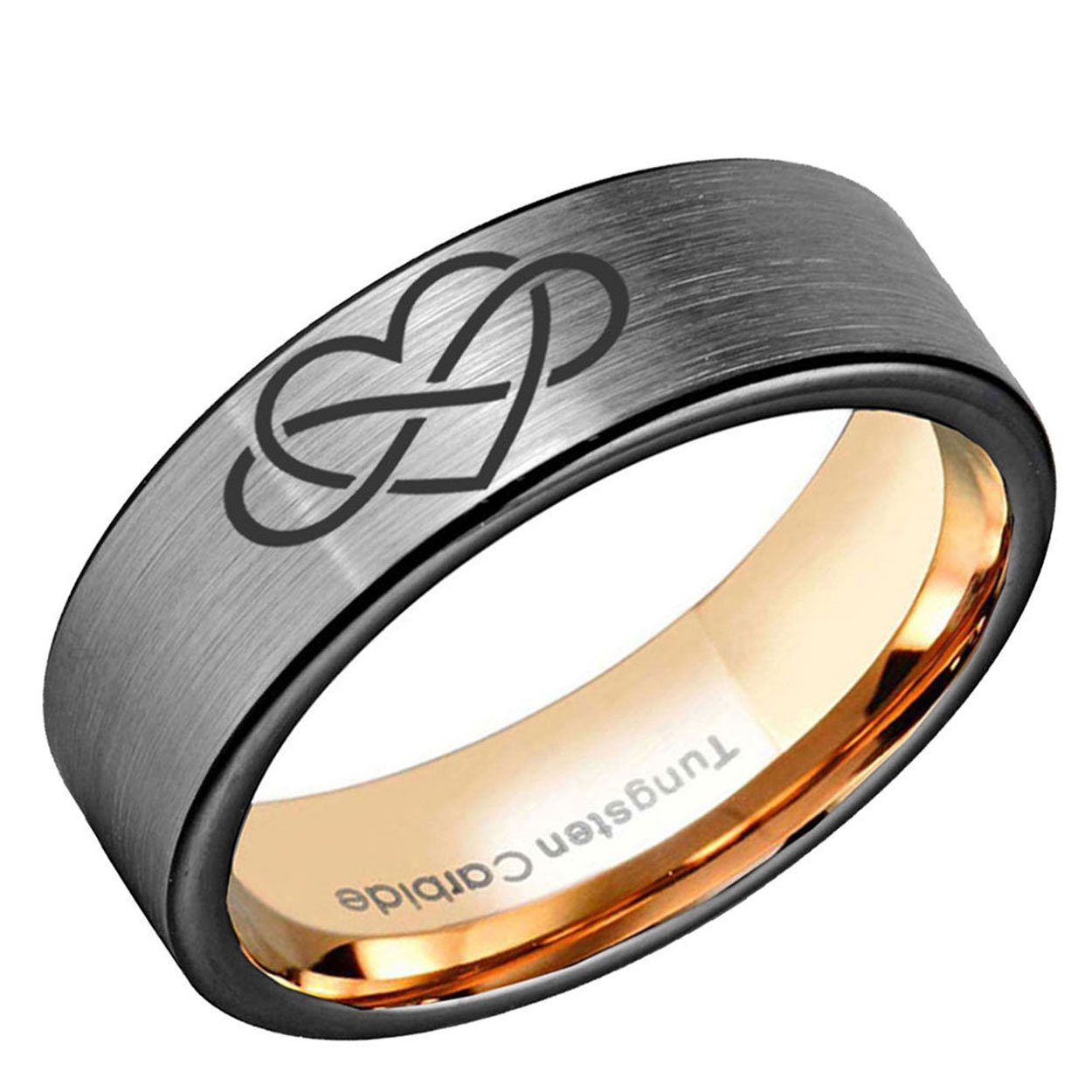 Infinity Heart Pipe Cut Tungsten Ring Rose Gold Gray 8mm