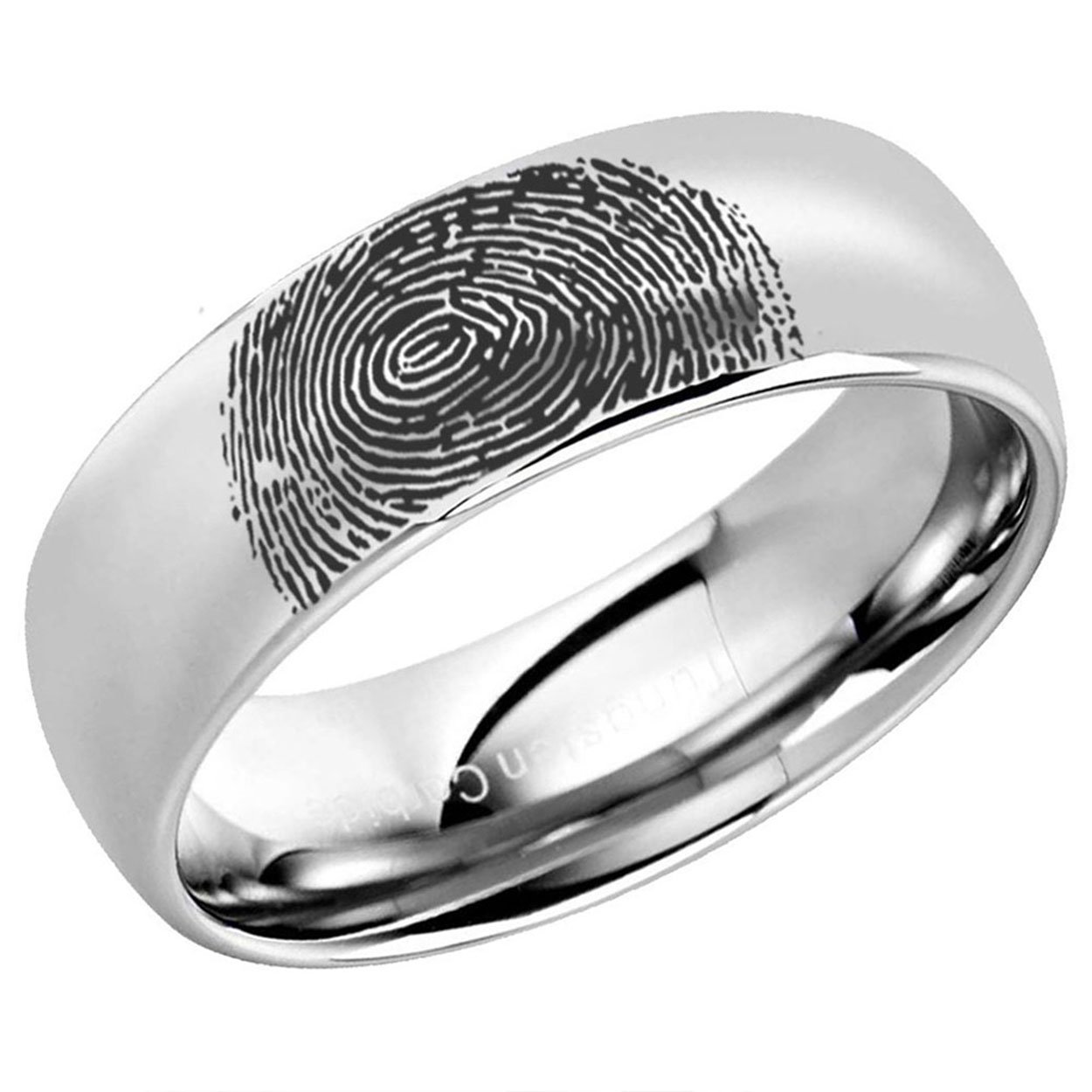 Polished Silver Dome Tungsten Carbide Ring with custom fingerprint engraving