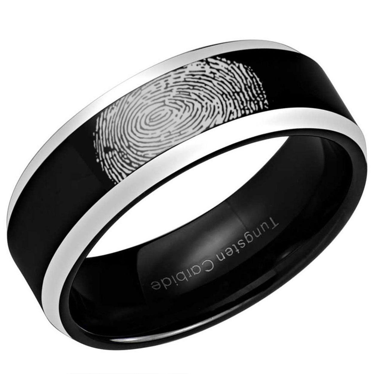 Black Two-Tone Beveled Edge Tungsten Carbide Promise Band with custom fingerprint