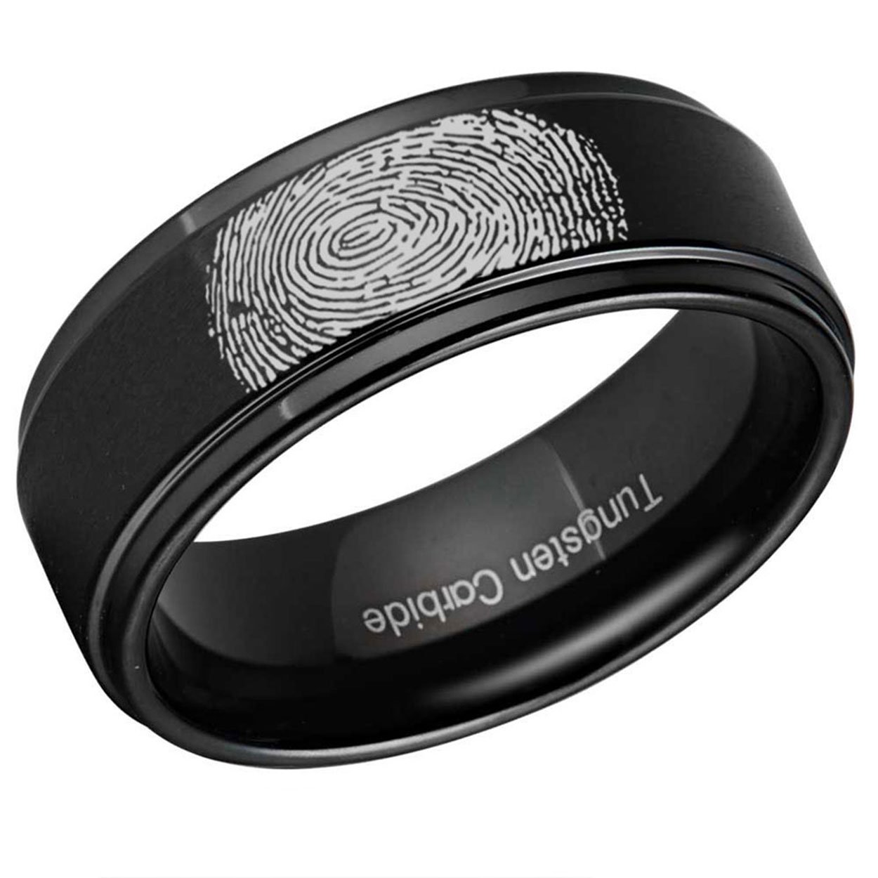 Matte Black Step Edge Tungsten Carbide Ring with custom fingerprint engraving