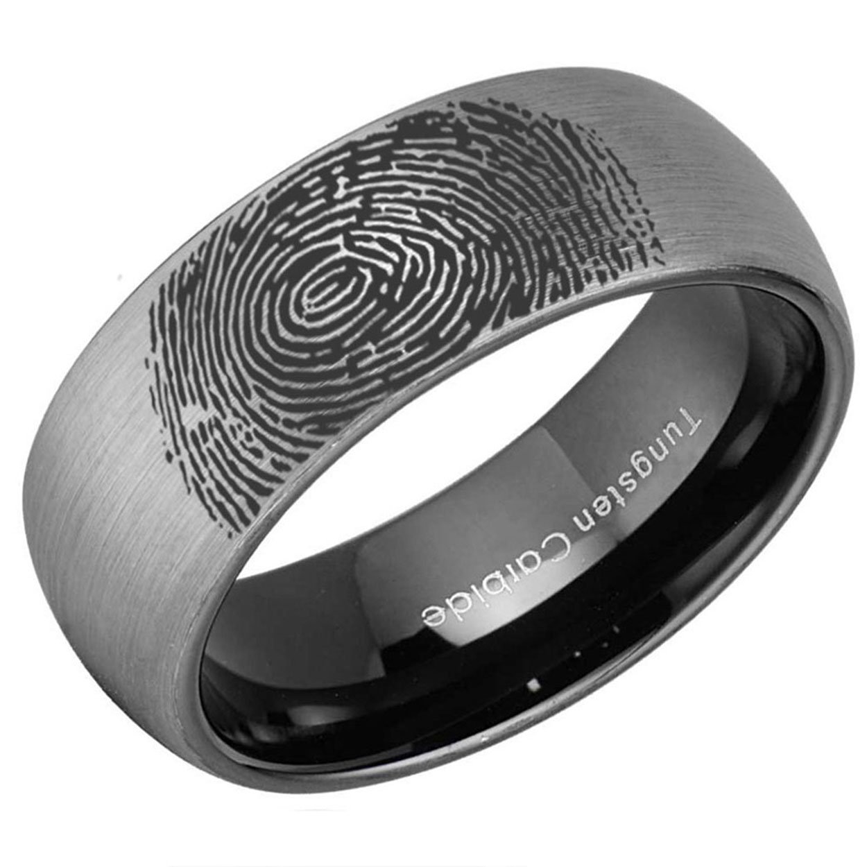 Gray and Black Dome Tungsten Carbide Engagement Band with custom fingerprint
