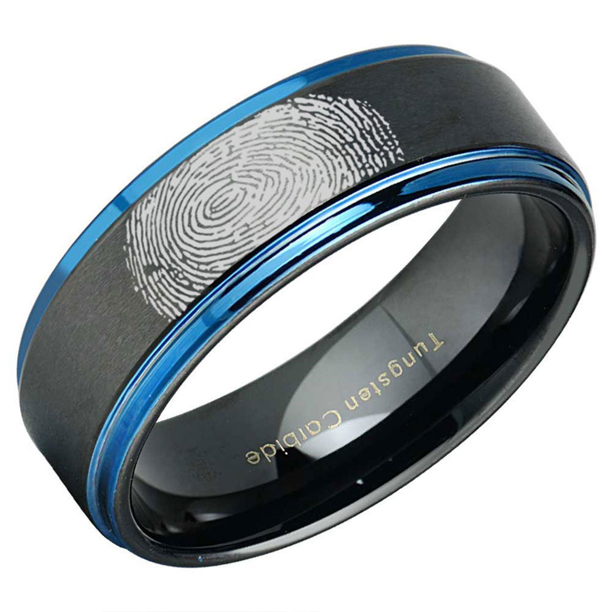 Black and Blue Step Edge Tungsten Carbide Custom Band with custom fingerprint