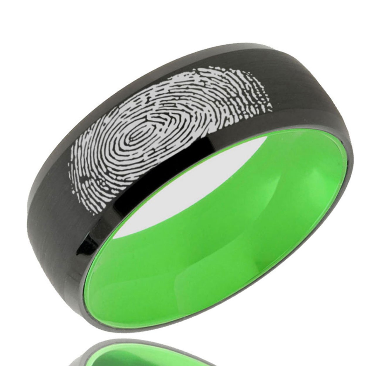 Black and Green Dome Tungsten Carbide Ring featuring custom fingerprint detail