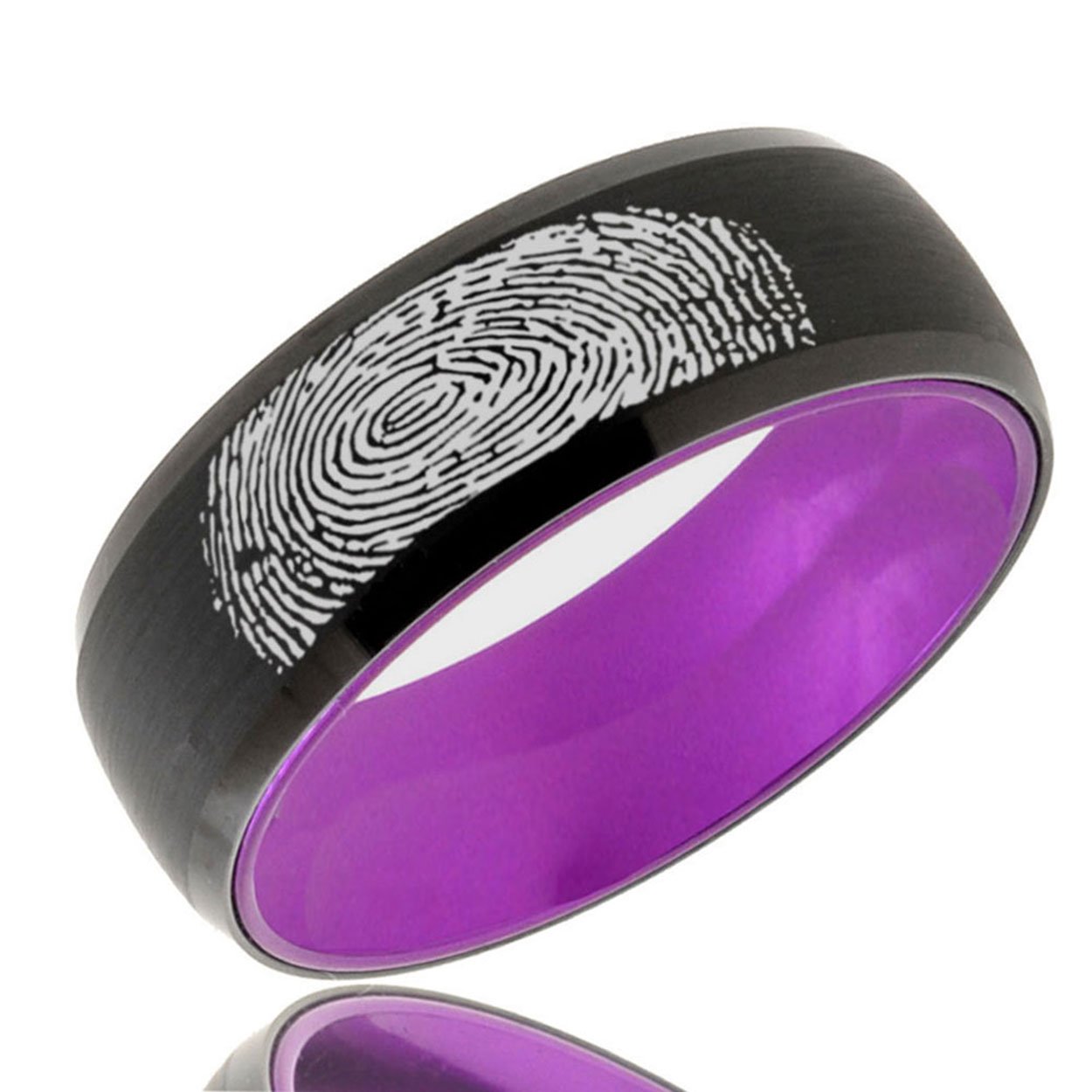Black and Purple Dome Tungsten Carbide Personalized Ring with custom fingerprint