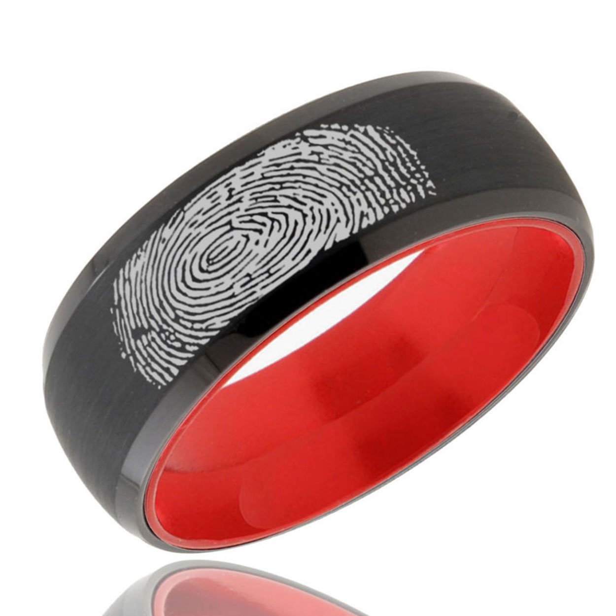 Black and Red Dome Tungsten Carbide Custom Band with custom fingerprint detail
