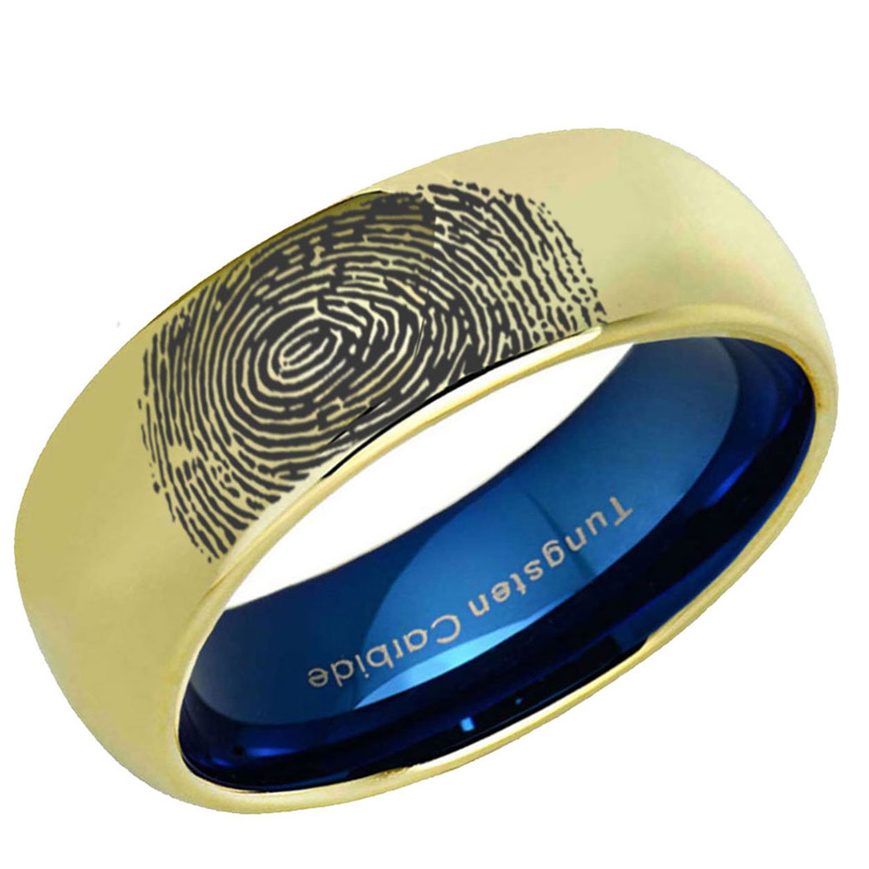 Gold and Blue Dome Tungsten Carbide Wedding Ring with custom fingerprint