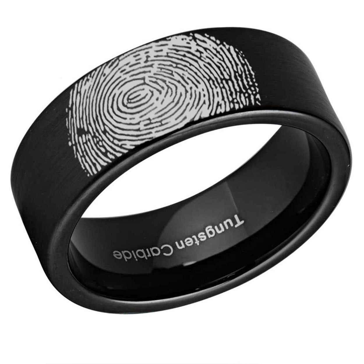 Brushed Black Pipe Cut Tungsten Carbide Engraved Ring with custom fingerprint