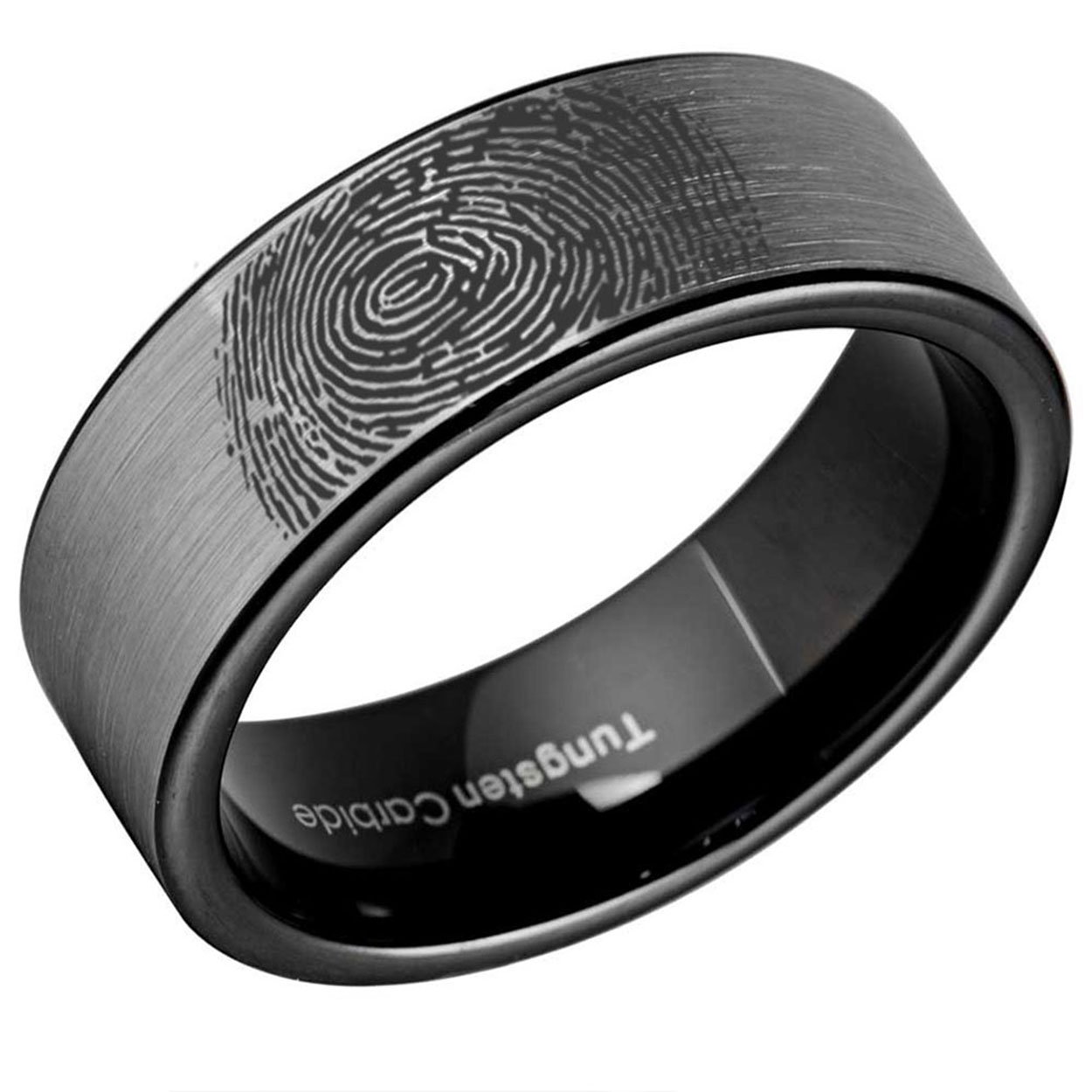 Two-Tone Gray Black Pipe Cut Tungsten Carbide Men's Band with thumbprint
