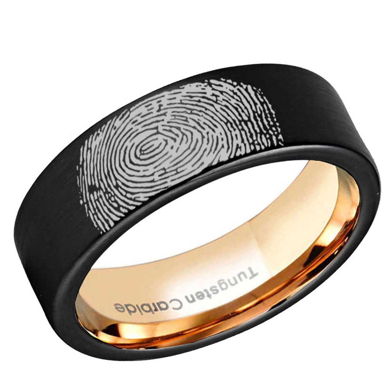 Black Rose Gold Two-Tone Pipe Cut Tungsten Carbide Custom Ring with fingerprint