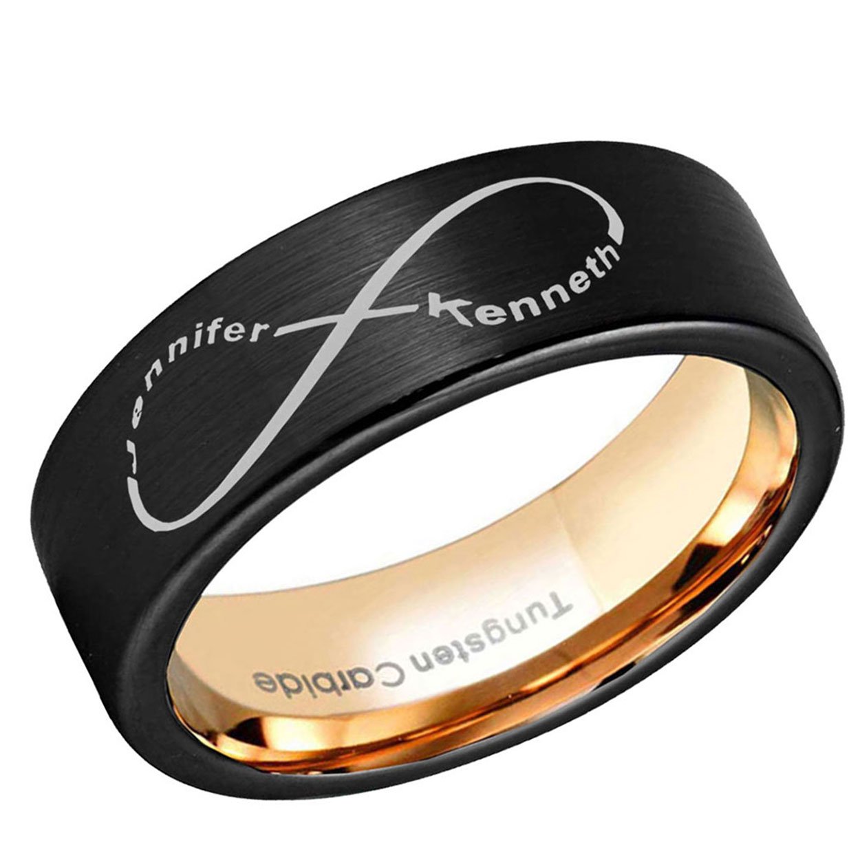 Infinity Two Names Pipe Cut Tungsten Ring 8mm Rose Gold Black