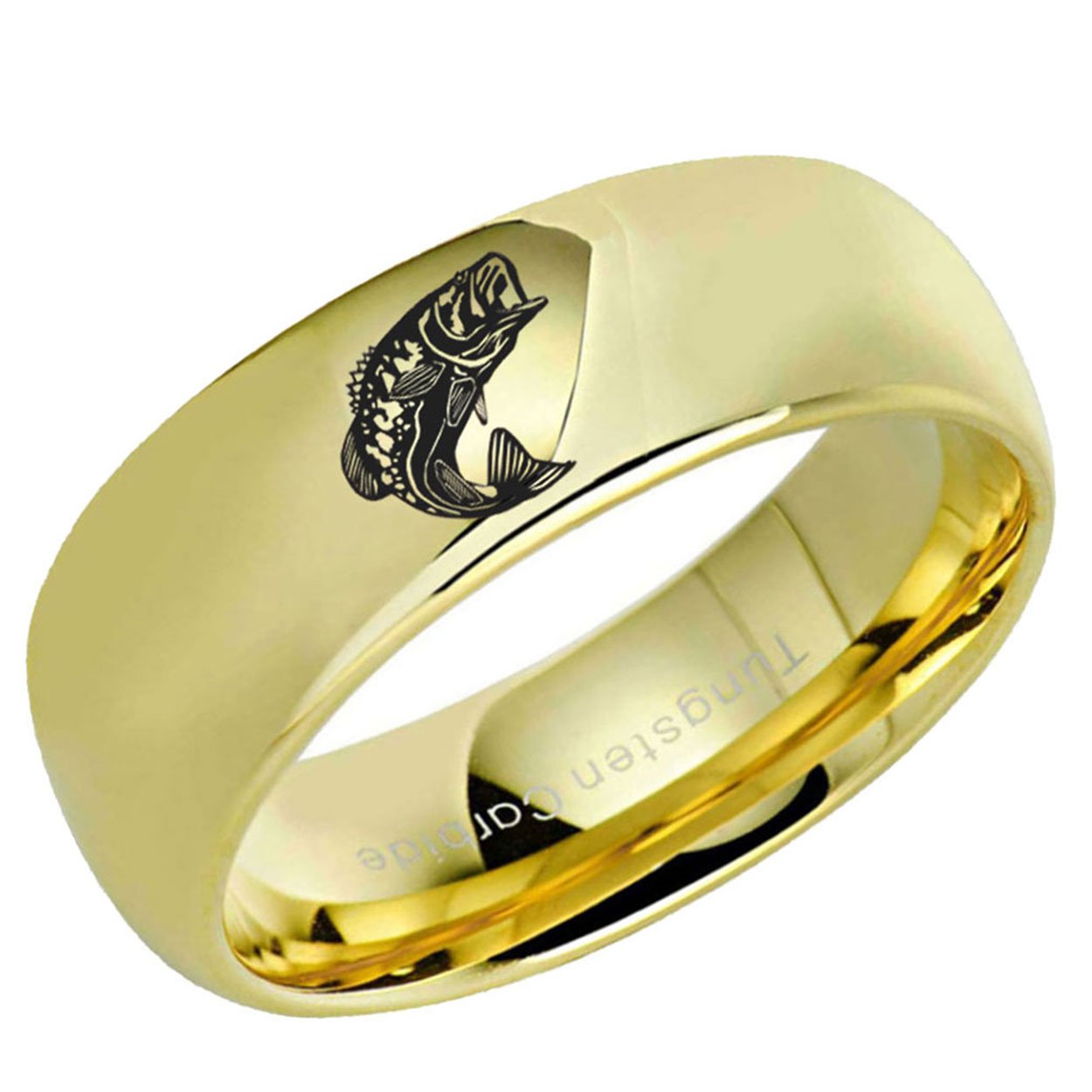 Bass Fishing Dome Tungsten Ring Glossy Gold 10mm