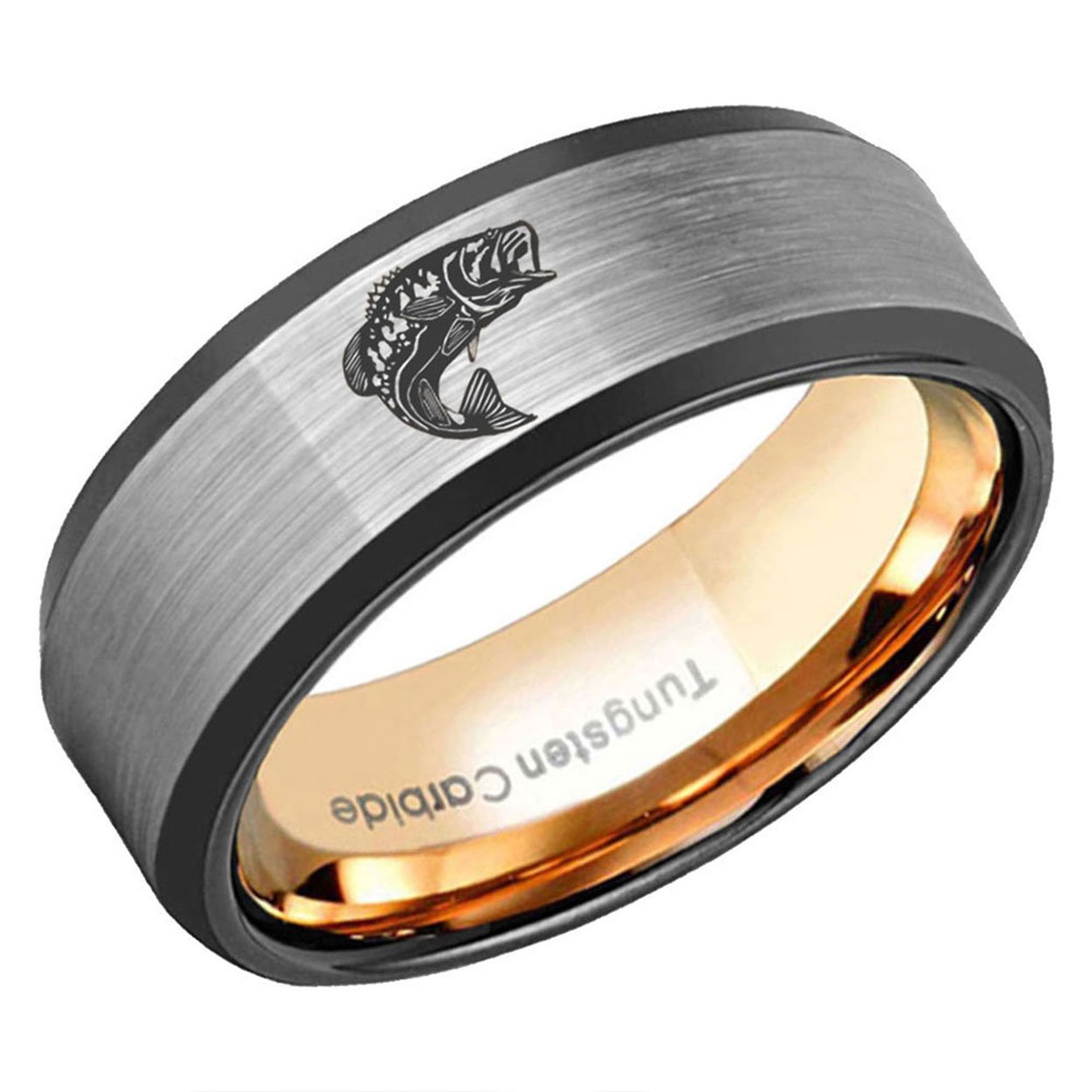 Bass Fishing Beveled Edge Tungsten Ring Rose Gold Gray 8mm