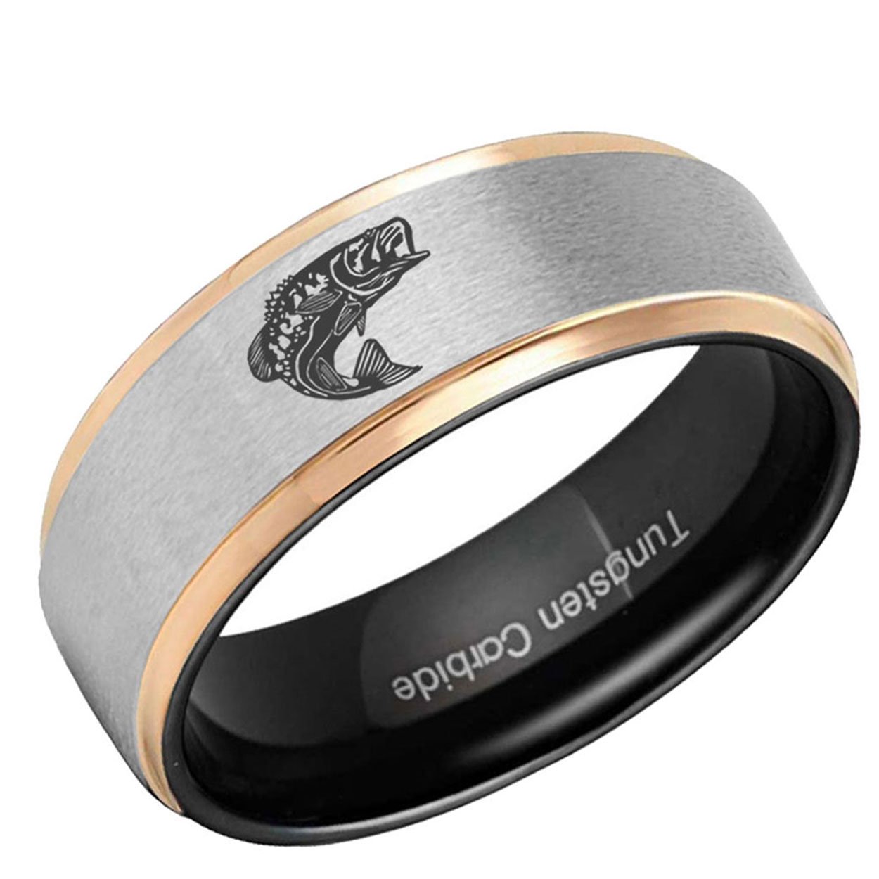 Bass Fishing Step Edge Tungsten Ring Gray Rose Gold 8mm