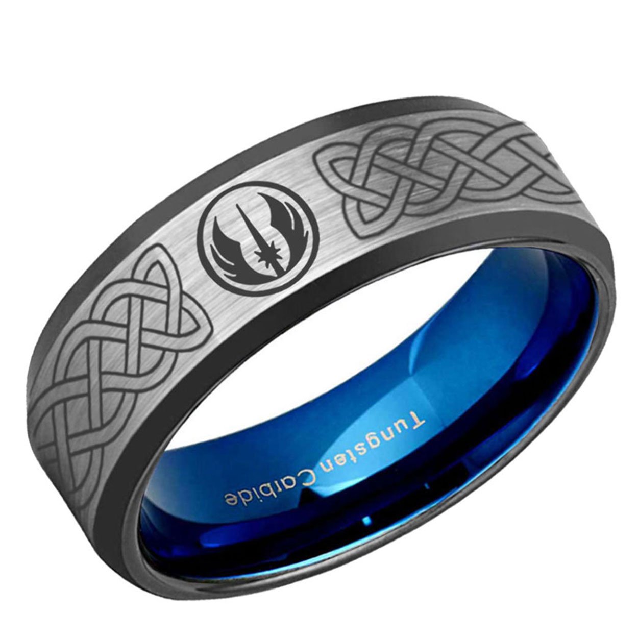 Celtic Jedi Beveled Edge Tungsten Ring Blue Gray 6mm