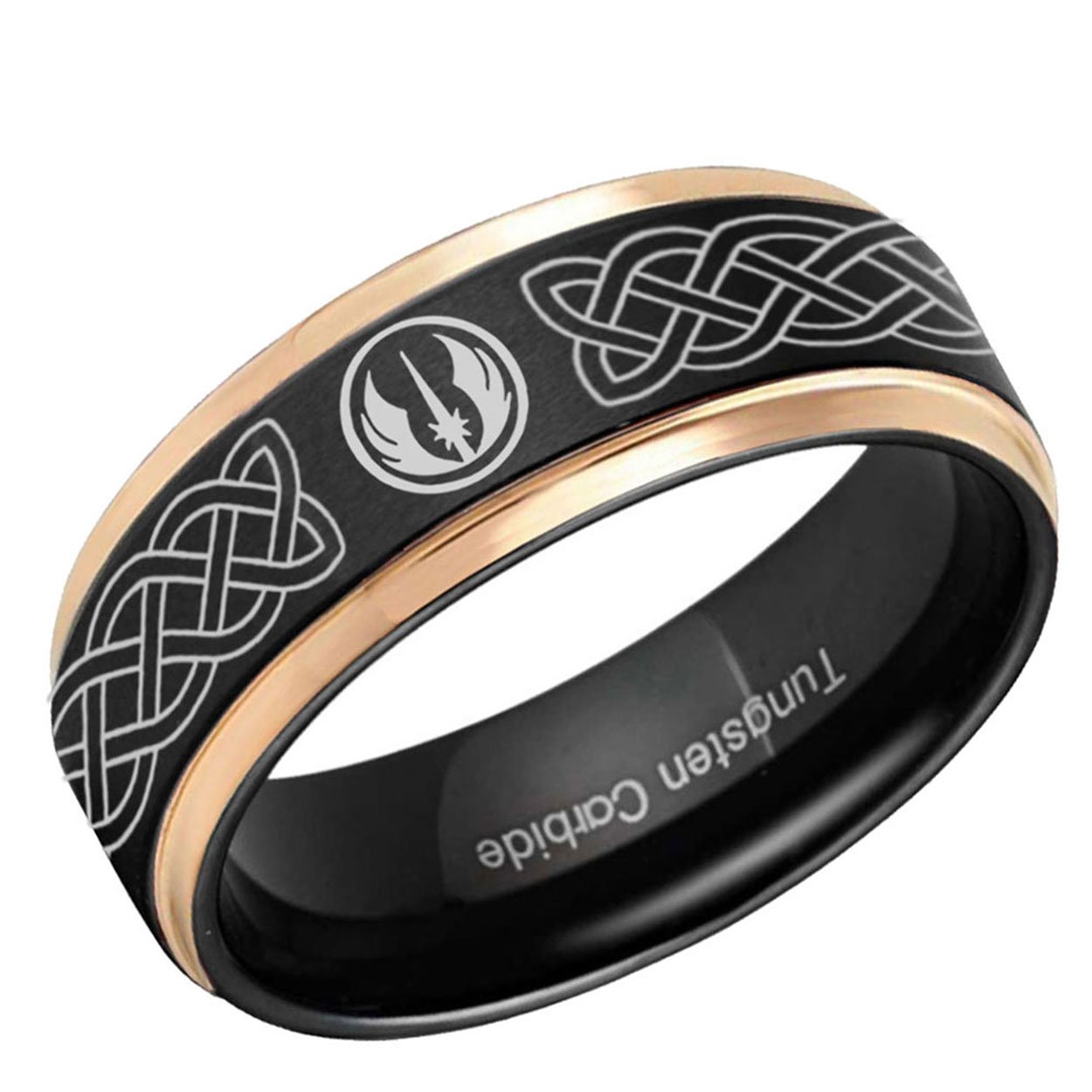 Celtic Jedi Step Edge Tungsten Ring Black Rose Gold 6mm