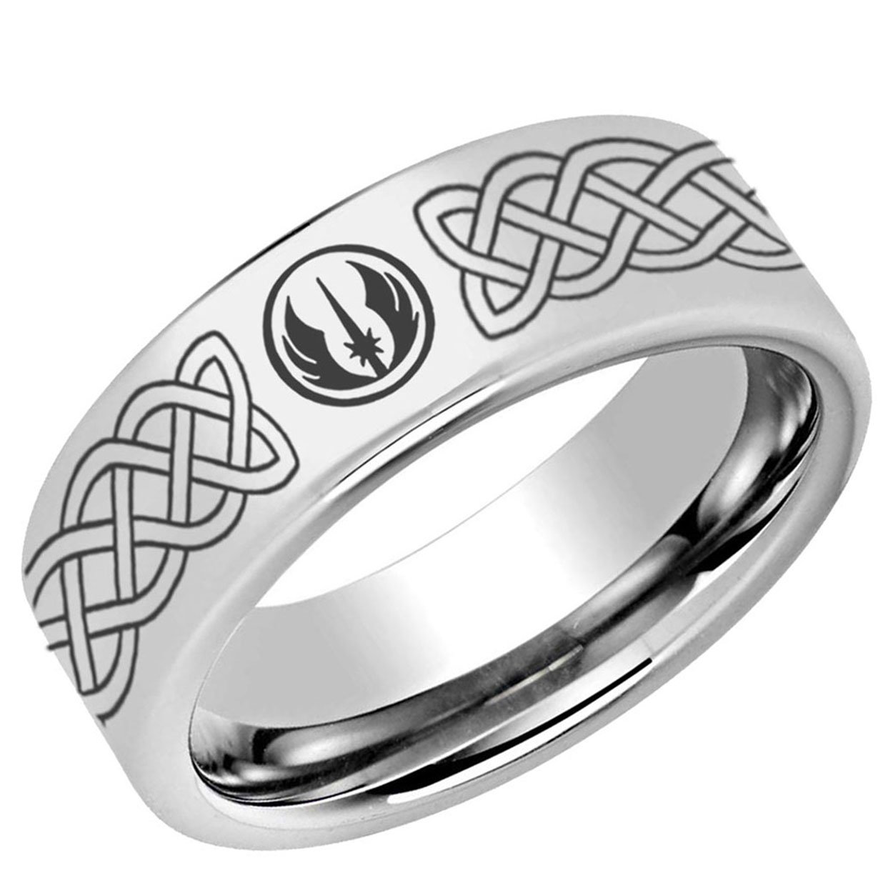 Celtic Jedi Pipe Cut Tungsten Ring Glossy Silver 6mm