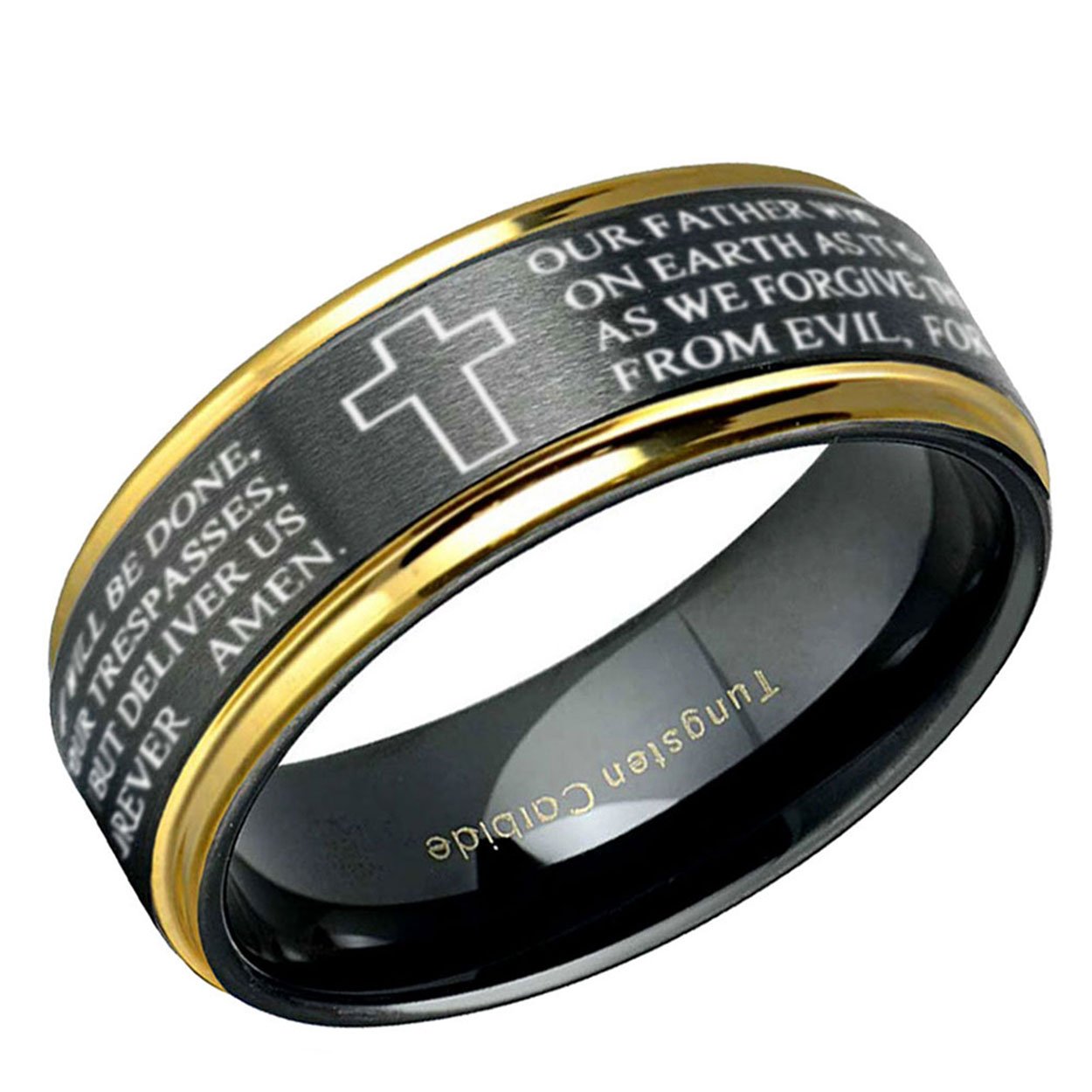 The Lord's Prayer Step Edge Tungsten Ring Black Gold