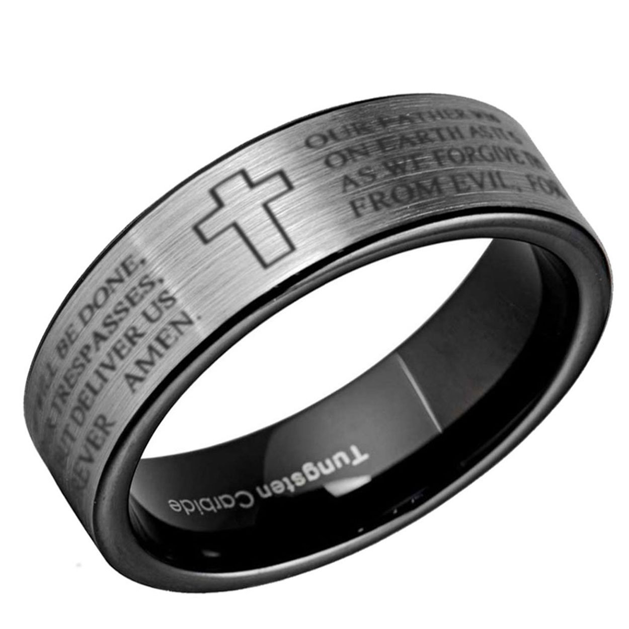 The Lord's Prayer Pipe Cut Tungsten Ring Black Gray