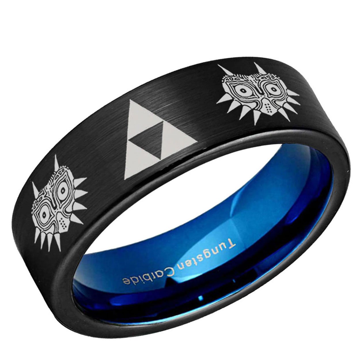 Legend of Zelda Majora's Mask Pipe Cut Tungsten Ring Blue Black 8mm