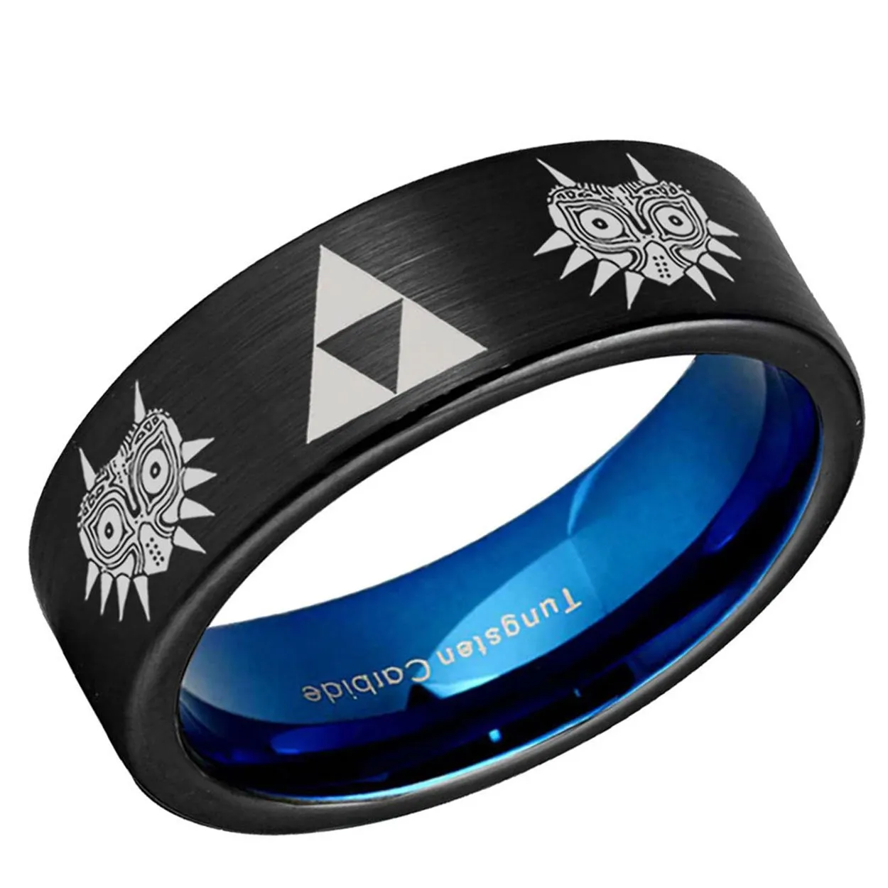 Legend of Zelda Majora's Mask Pipe Cut Tungsten Ring Blue Black 8mm