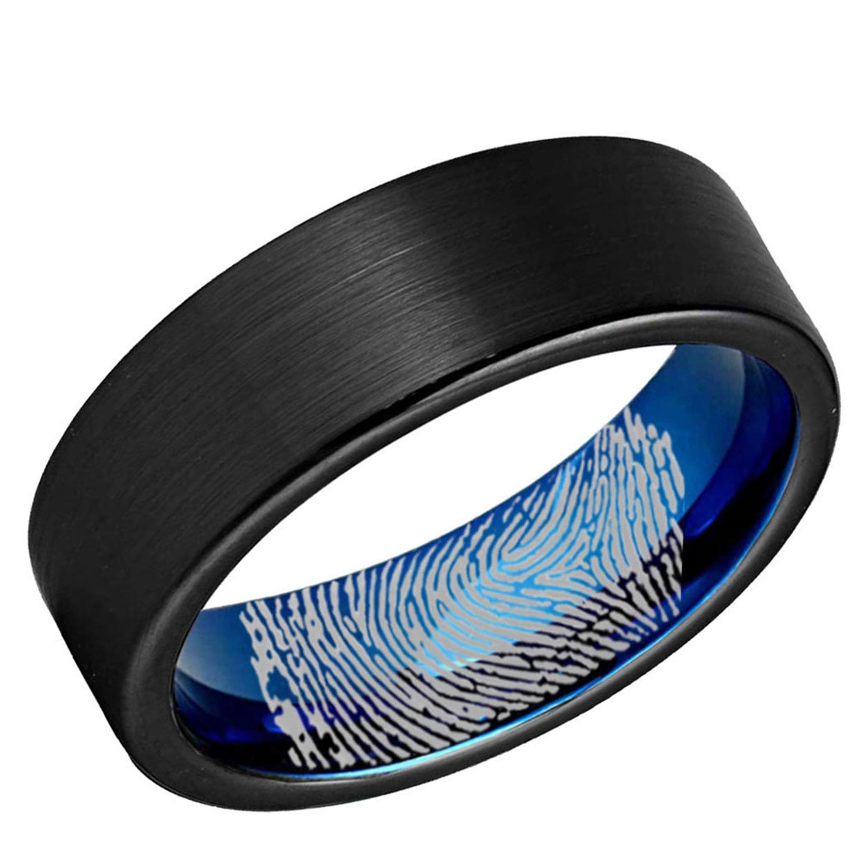 Black Blue Two-Tone Pipe Cut Tungsten Carbide Engagement Band with fingerprint