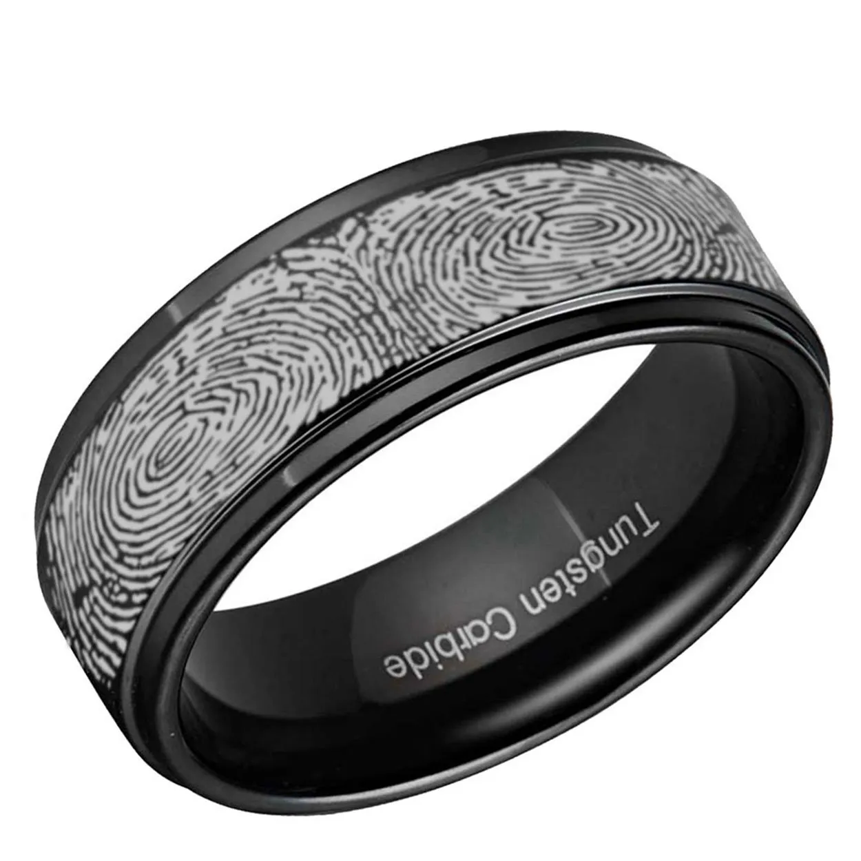 Wrap Around Fingerprint 8mm Step Edge Tungsten Ring