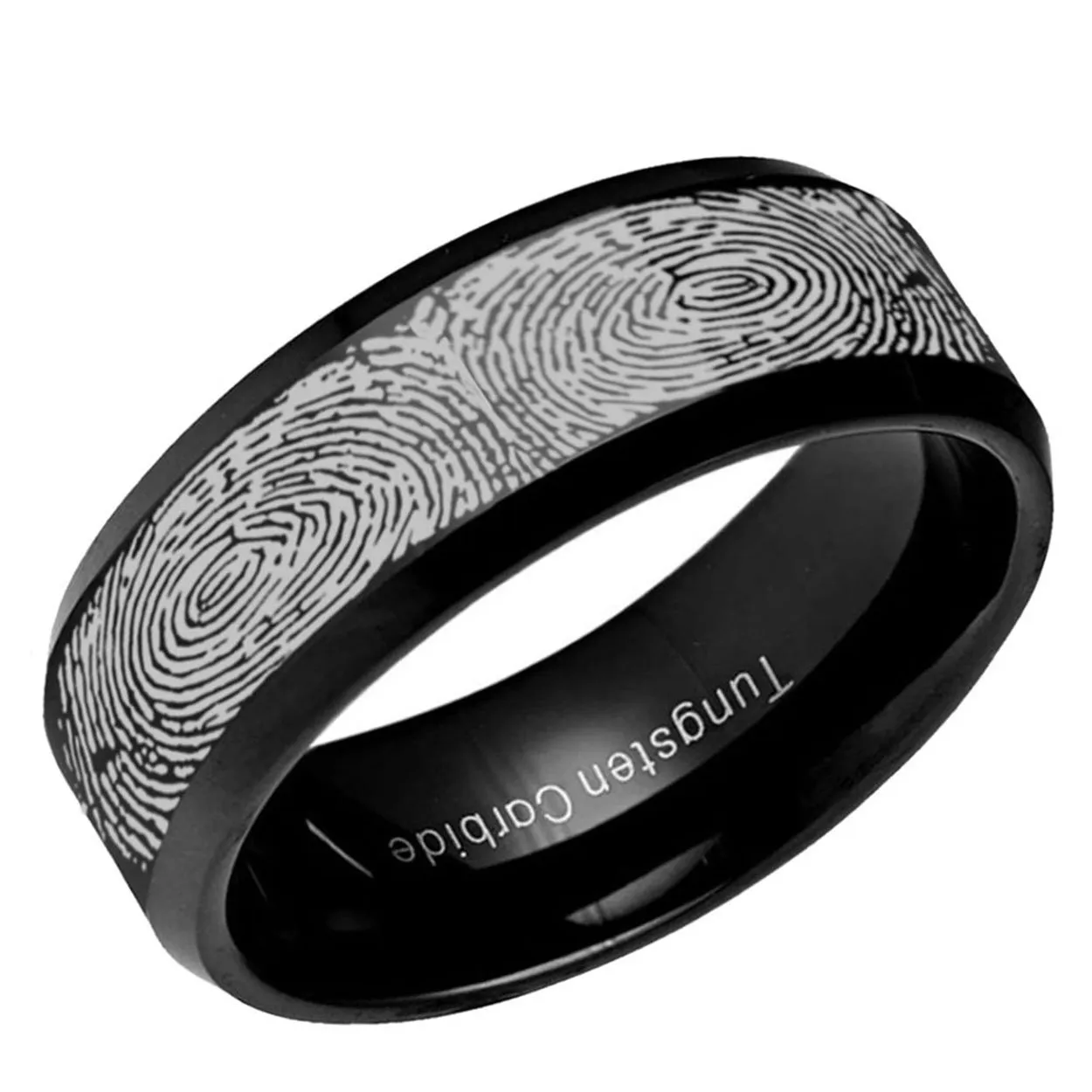Wrap Around Fingerprint 8mm Beveled Edge Tungsten Ring