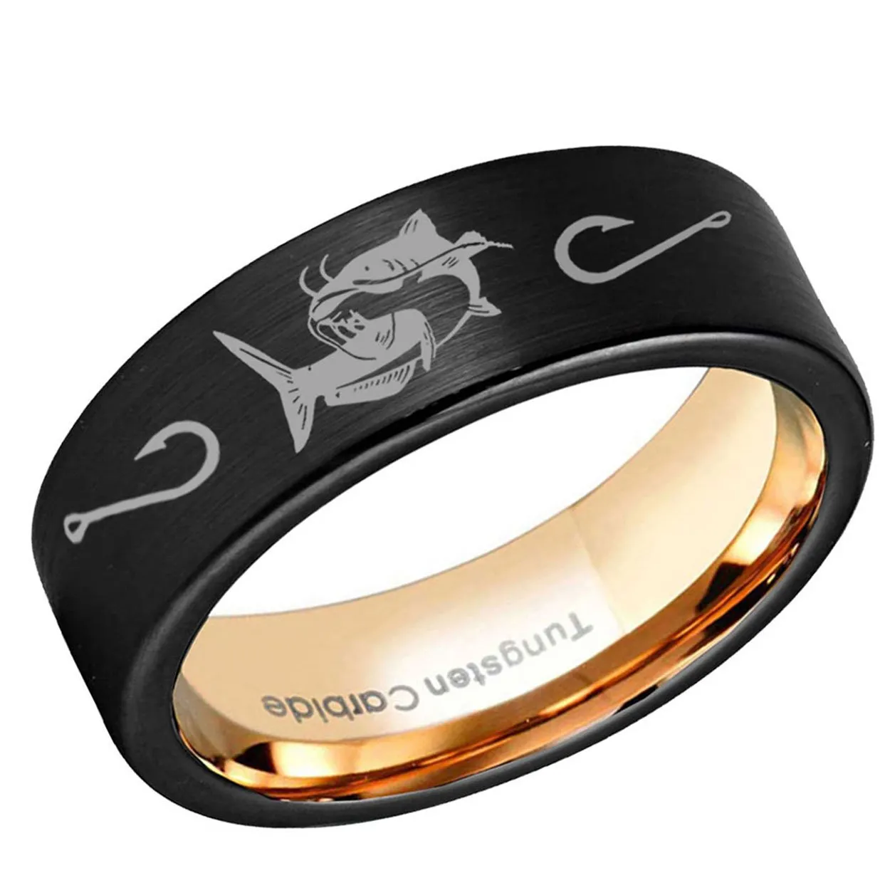 Catfish Pipe Cut Tungsten Ring Rose Gold Black 8mm