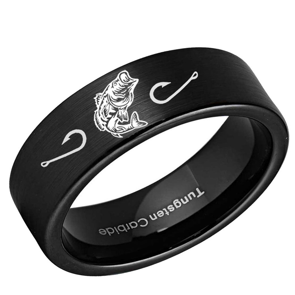 Bass Fishing Pipe Cut Tungsten Ring Brushed Black 8mm