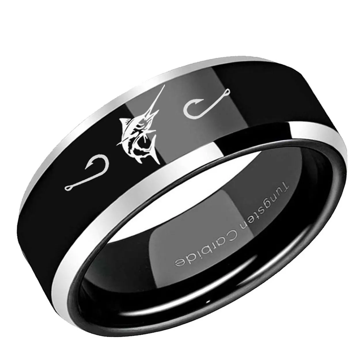 Marlin Fish Hooks Beveled Edge Tungsten Ring Two Tone Black 10mm