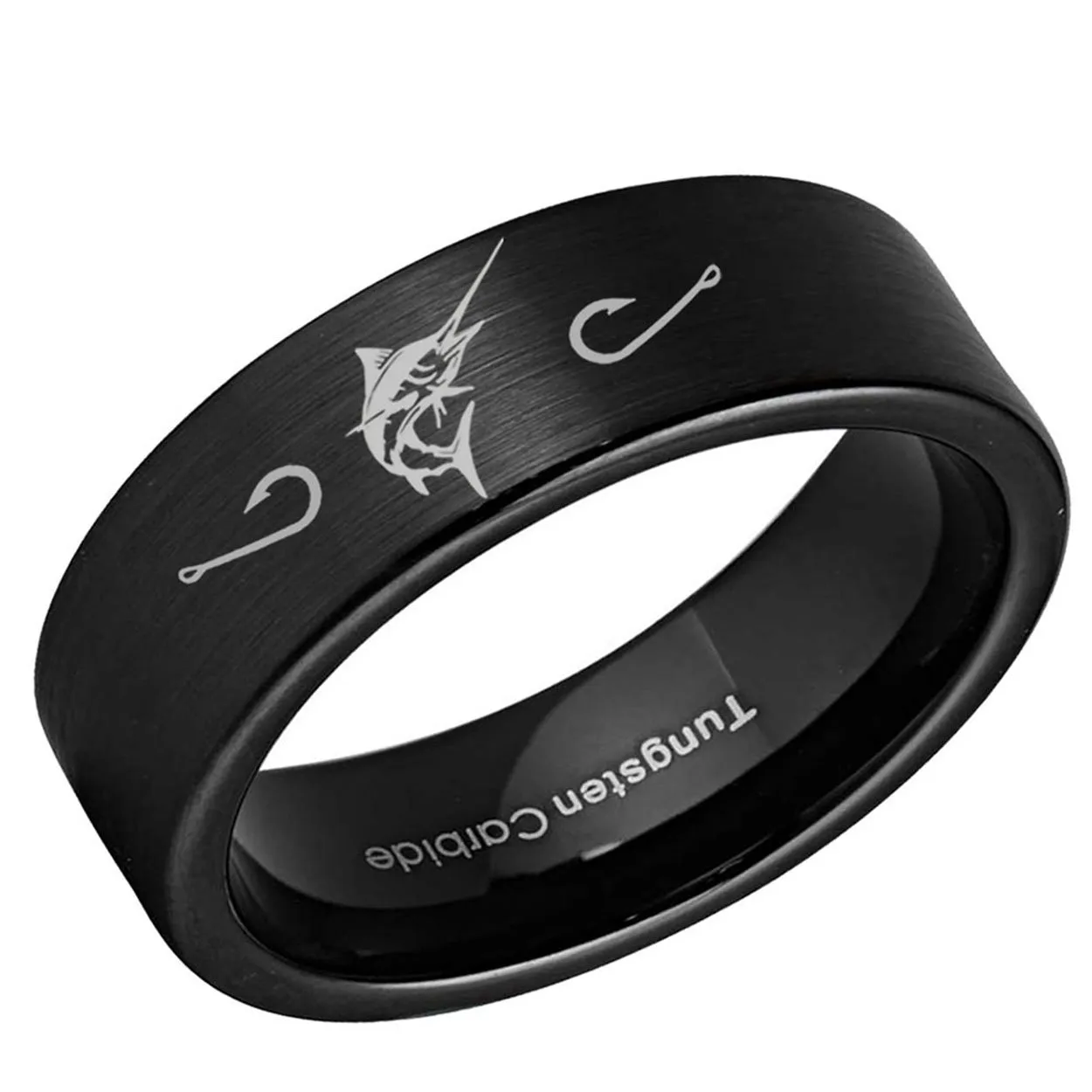 Marlin Fish Hooks Pipe Cut Tungsten Ring Brushed Black 8mm