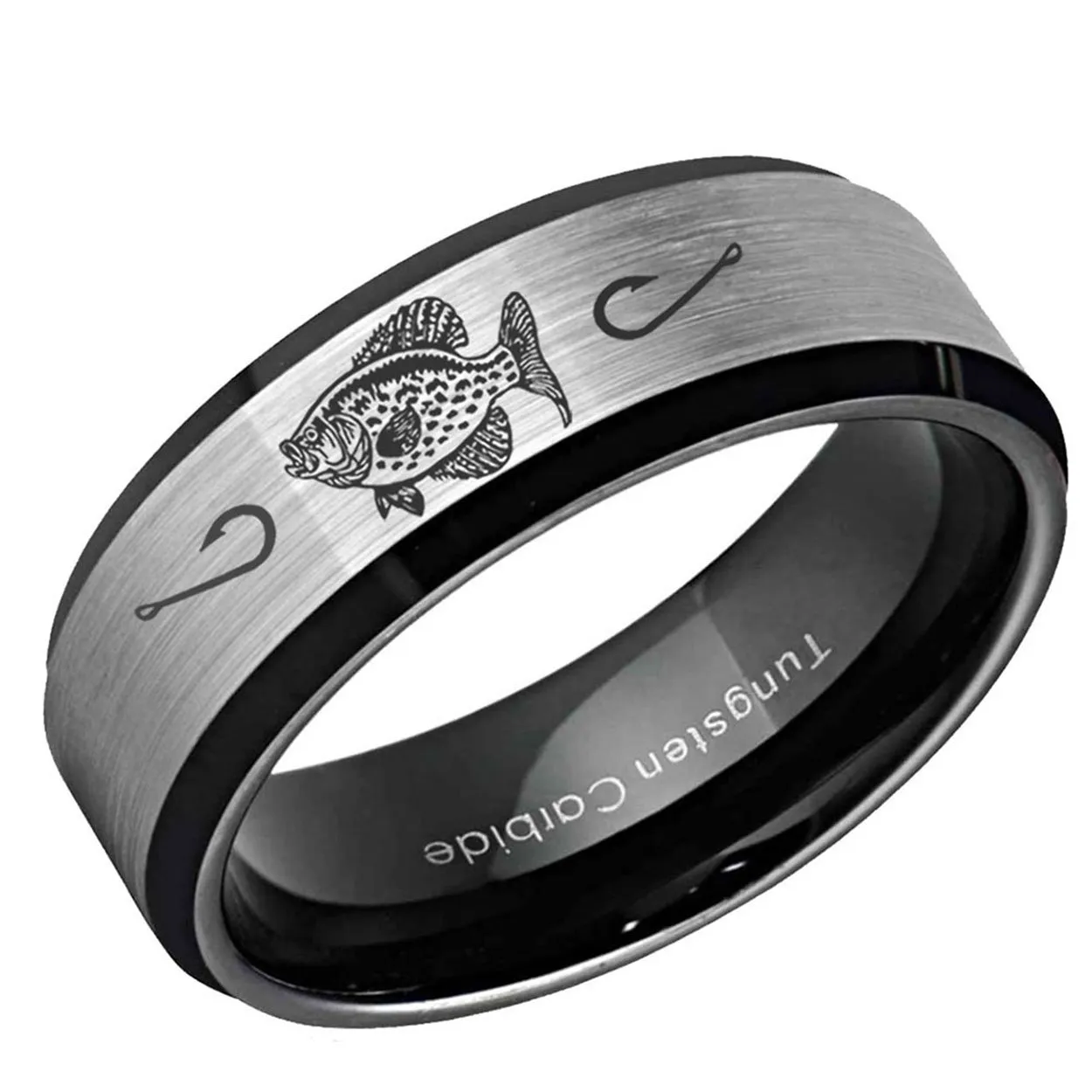 Crappie Beveled Edge Tungsten Ring Gray Black 10mm