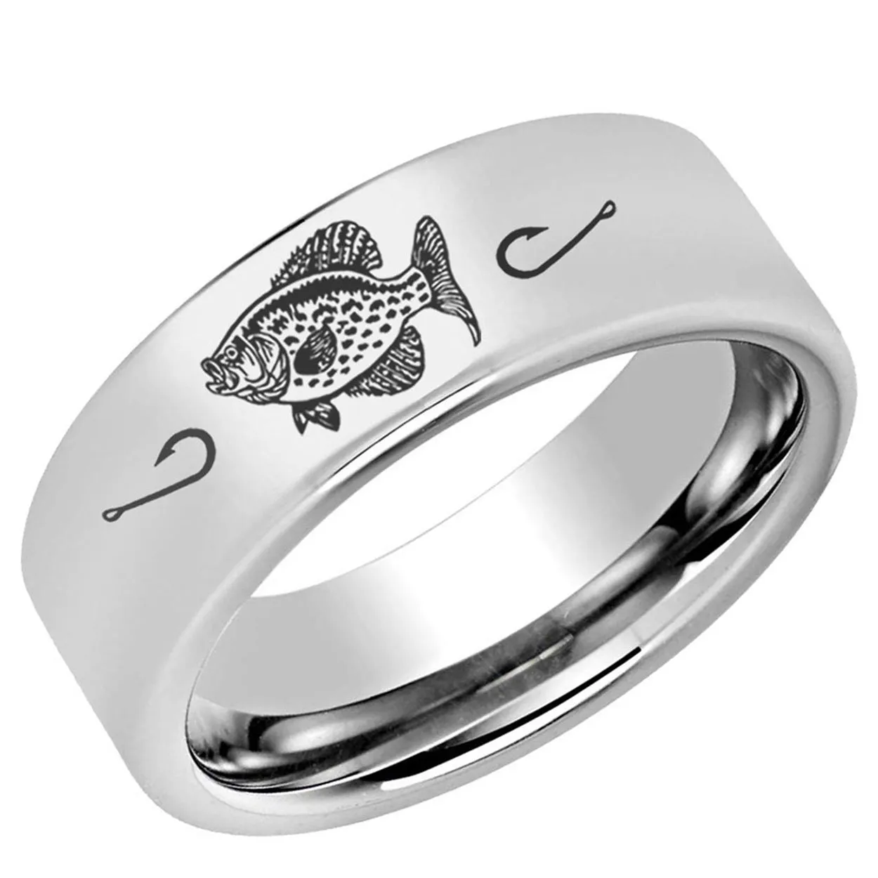 Crappie Pipe Cut Tungsten Ring Glossy Silver 8mm