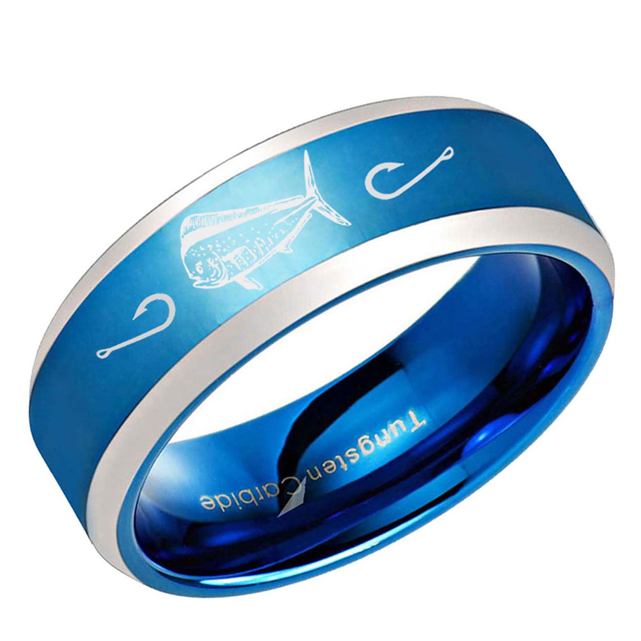 Mahi Dolphin Beveled Edge Tungsten Ring 8mm Blue