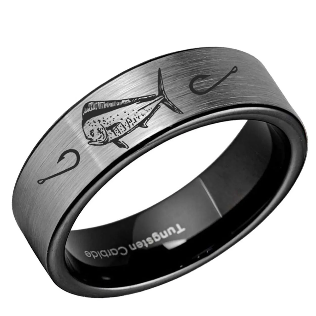 Mahi Dolphin Pipe Cut Tungsten Ring 8mm Black Gray